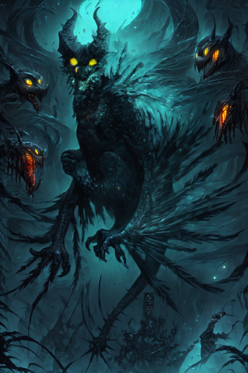 Owl demon, owl, monster, devil, final boss, detailed teeth, claws, detailed eyes, demon lord, lord of darkness, yellow eyes.