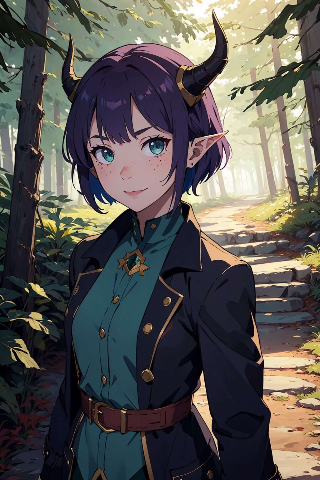 Imagine a female child with short messy vibrant purple hair in a short hair cut. She has small breasts. She has bright green eyes. She has pointed elf ears. She has two short horns on her head. She has an evil smile on her face that shows she's up to no good. She has warm freckles on her face. She wears a modest outfit with a long green trench coat with lots of pockets. She is practicing magic that sparkles around her. The background is a charming forest path in the enchanted woods with bright lighting, creating a magical ambiance. This artwork captures the essence of mischief and magic against the backdrop of a beautiful setting. detailed, detail_eyes, detailed_hair, detailed_scenario, detailed_hands, detailed_background, vox machina style,vox machina style,oil impasto, flat chest.,Kanna Kamui 