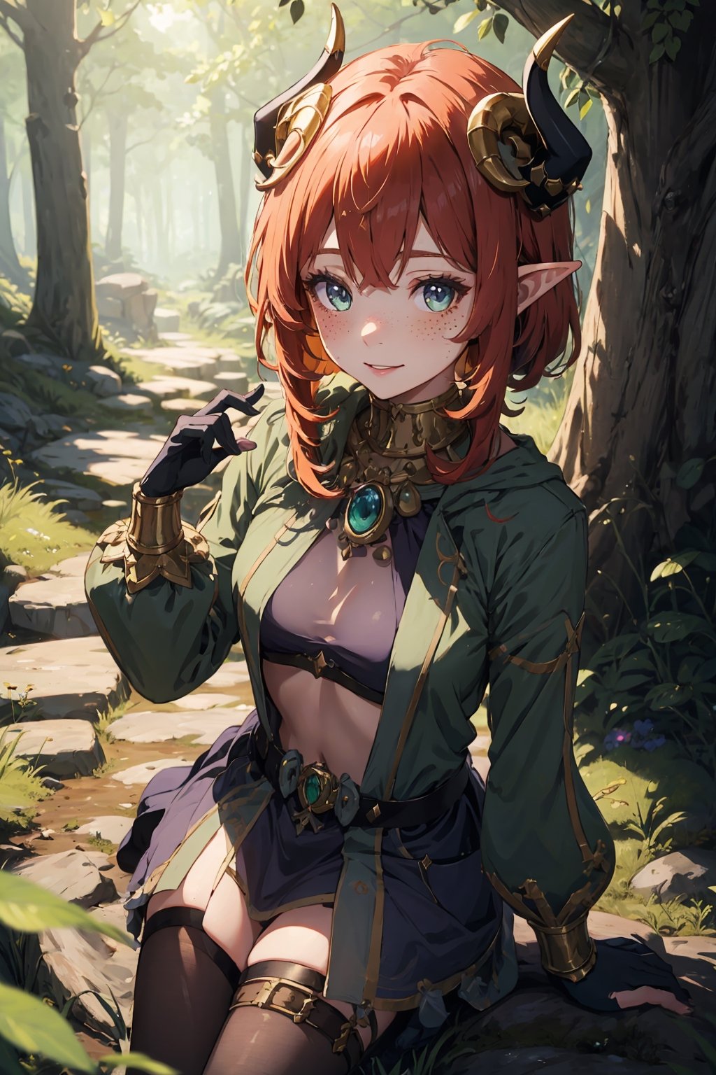 Imagine a female child with short messy vibrant purple hair in a short hair cut. She has small breasts. She has bright green eyes. She has pointed elf ears. She has two short horns on her head. She has an evil smile on her face that shows she's up to no good. She has warm freckles on her face. She wears a modest outfit with a long green trench coat with lots of pockets. She is practicing magic that sparkles around her. The background is a charming forest path in the enchanted woods with bright lighting, creating a magical ambiance. This artwork captures the essence of mischief and magic against the backdrop of a beautiful setting. detailed, detail_eyes, detailed_hair, detailed_scenario, detailed_hands, detailed_background, vox machina style,vox machina style,oil impasto, flat chest.,,niloudef