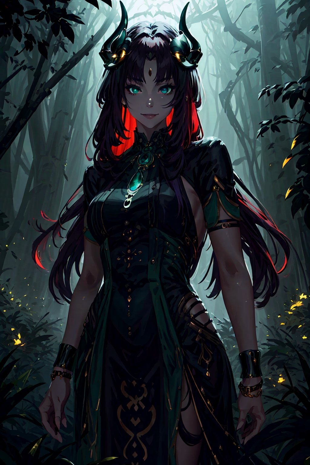 Imagine a beautiful woman with long and wild dark purple hair hair flowing freely around her. She has horns. Her dragon eyes are bright green, sparkling with intricate detail. She smiles like she is scheming something. She wears a gorgeous dress with a fine touch and she wears fine jewelery. The background is a creepy forest with dim lighting, creating an ominous ambiance. She is surrounded by sparking magic. This artwork captures a creepy atmosphere against the backdrop of a beautiful yet dimly lit setting, detailed, detail_eyes, detailed_hair, detailed_scenario, detailed_hands, detailed_background. girl, fine clothing, ,nilou \(genshin impact\)
