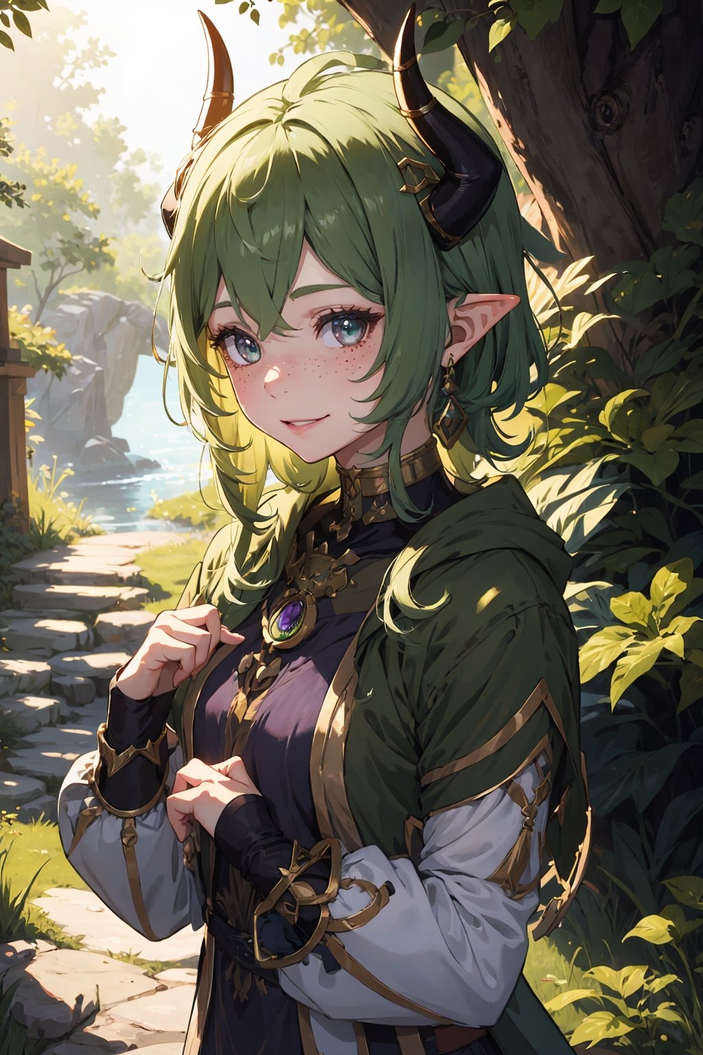 Imagine a female child with short messy vibrant purple hair in a short hair cut. She has small breasts. She has bright green eyes. She has pointed elf ears. She has two short horns on her head. She has an evil smile on her face that shows she's up to no good. She has warm freckles on her face. She wears a long green trench coat. The background is a charming forest path in the enchanted woods with bright lighting, creating a magical ambiance. This artwork captures the essence of mischief and magic against the backdrop of a beautiful setting. detailed, detail_eyes, detailed_hair, detailed_scenario, detailed_hands, detailed_background, vox machina style,vox machina style,oil impasto, flat chest.,,niloudef