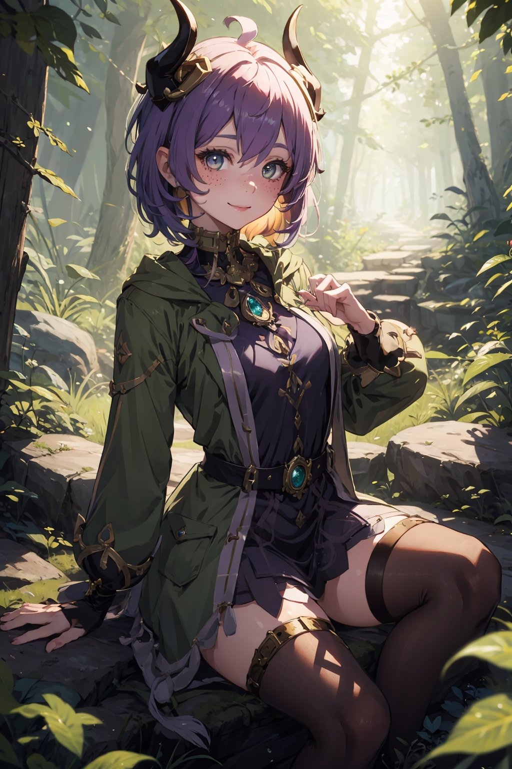 Imagine a female child with short messy vibrant purple hair in a short hair cut. She has small breasts. She has bright green eyes. She has pointed elf ears. She has two short horns on her head. She has an evil smile on her face that shows she's up to no good. She has warm freckles on her face. She wears a modest outfit with a long green trench coat with lots of pockets. She is practicing magic that sparkles around her. The background is a charming forest path in the enchanted woods with bright lighting, creating a magical ambiance. This artwork captures the essence of mischief and magic against the backdrop of a beautiful setting. detailed, detail_eyes, detailed_hair, detailed_scenario, detailed_hands, detailed_background, vox machina style,vox machina style,oil impasto, flat chest.,,niloudef