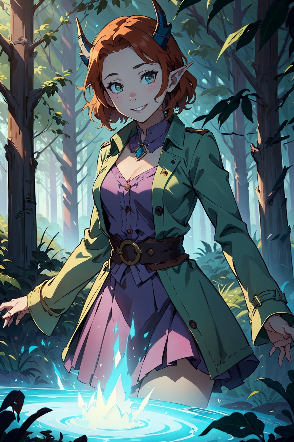Imagine a female child with short fluffy and messy curly bright orange hair. Her eyes are a bright shade of green, sparkling with intricate detail and a hit on magic. She has pointed elf ears. She has two short horns on her head. She has an evil smile on her face that shows she's up to no good. She has warm freckles on her face. She wears a white button up long sleeve top and a long purple skirt and long green trench coat with lots of pockets. She is practicing magic that sparkles around her. The background is a charming forest path in the enchanted woods with bright lighting, creating a magical ambiance. This artwork captures the essence of mischief and magic against the backdrop of a beautiful setting. detailed, detail_eyes, detailed_hair, detailed_scenario, detailed_hands, detailed_background,FFIXBG, fantasy.,Tex Mex Burrito Style,aka shiba,yoshida akihiko,MOLESTATION,SAM YANG,vox machina style,niloudef,monadef,KurashimaChiyuri, flat chest, short hair