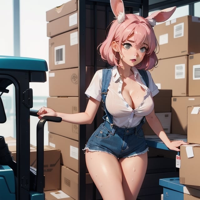 A bunny girl with pink hair and supple tanned skin wipes the sweat from her brow. Her uniform, a set of overalls shorts and a low necked button up work shirt that shows the cleavage of her large breasts, in perfect condition. Her thighs glisten with sweat and her fluffy rabbit ears remain upright at attention for anyone who may be in danger of being hit by her forklift. She rides a yellow forklift carrying a pallete of large boxes. Her toned arms glimmer with sweat as she sighs. All in a days work for a working bunny girl. full forklift.