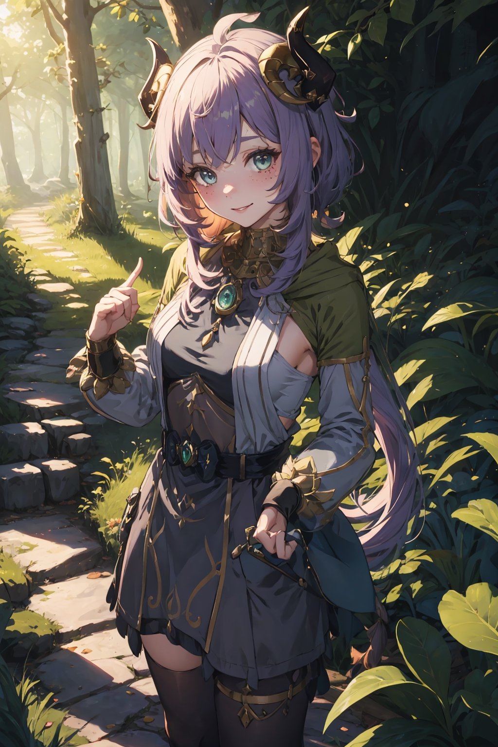 Imagine a female child with short messy vibrant purple hair in a short hair cut. She has small breasts. She has bright green eyes. She has pointed elf ears. She has two short horns on her head. She has an evil smile on her face that shows she's up to no good. She has warm freckles on her face. She wears a modest outfit with a long green trench coat with lots of pockets. She is practicing magic that sparkles around her. The background is a charming forest path in the enchanted woods with bright lighting, creating a magical ambiance. This artwork captures the essence of mischief and magic against the backdrop of a beautiful setting. detailed, detail_eyes, detailed_hair, detailed_scenario, detailed_hands, detailed_background, vox machina style,vox machina style,oil impasto, flat chest.,,niloudef