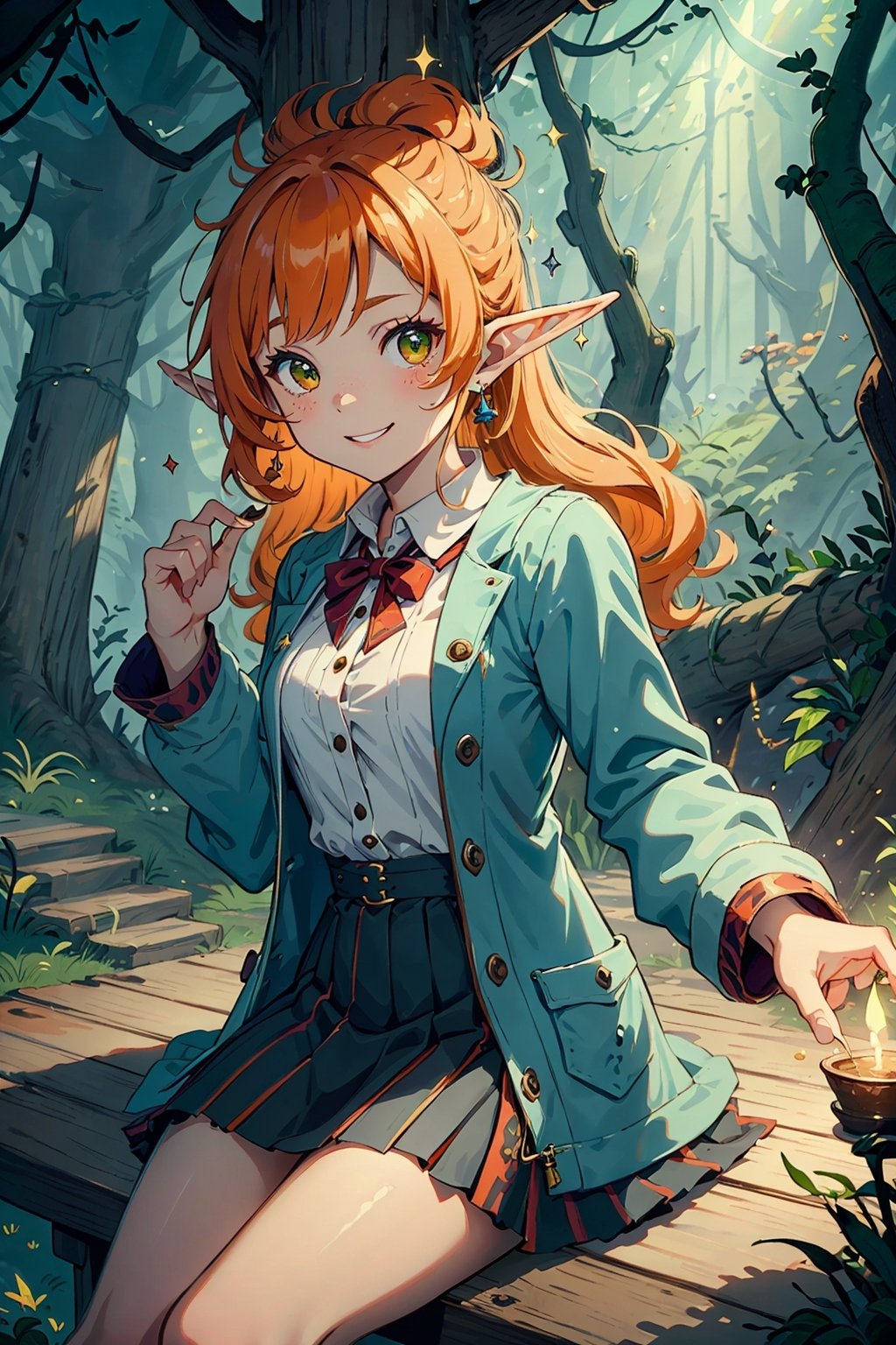Imagine a young 13 year old girl with fluffy and messy curly bright orange hair that reaches her shoulders. Her eyes are a bright shade of green, sparkling with intricate detail and a hit on magic. She has pointed elf ears. She has an evil smile on her face that shows she's up to no good. She has a warm, tanned complexion that adds to her charm. She has warm freckles on her face. She wears a white button up long sleeve top and a long purptle skirt. She wears a long green wizard's coat with lots of pockets. She is practicing magic that sparkles around her. The background is a charming forest path in the enchanted woods with bright lighting, creating a magical ambiance. There is magic in the air.This artwork captures the essence of mischief and magic against the backdrop of a beautiful setting. detailed, detail_eyes, detailed_hair, detailed_scenario, detailed_hands, detailed_background,FFIXBG, fantasy.,Tex Mex Burrito Style,aka shiba,yoshida akihiko,MOLESTATION,SAM YANG