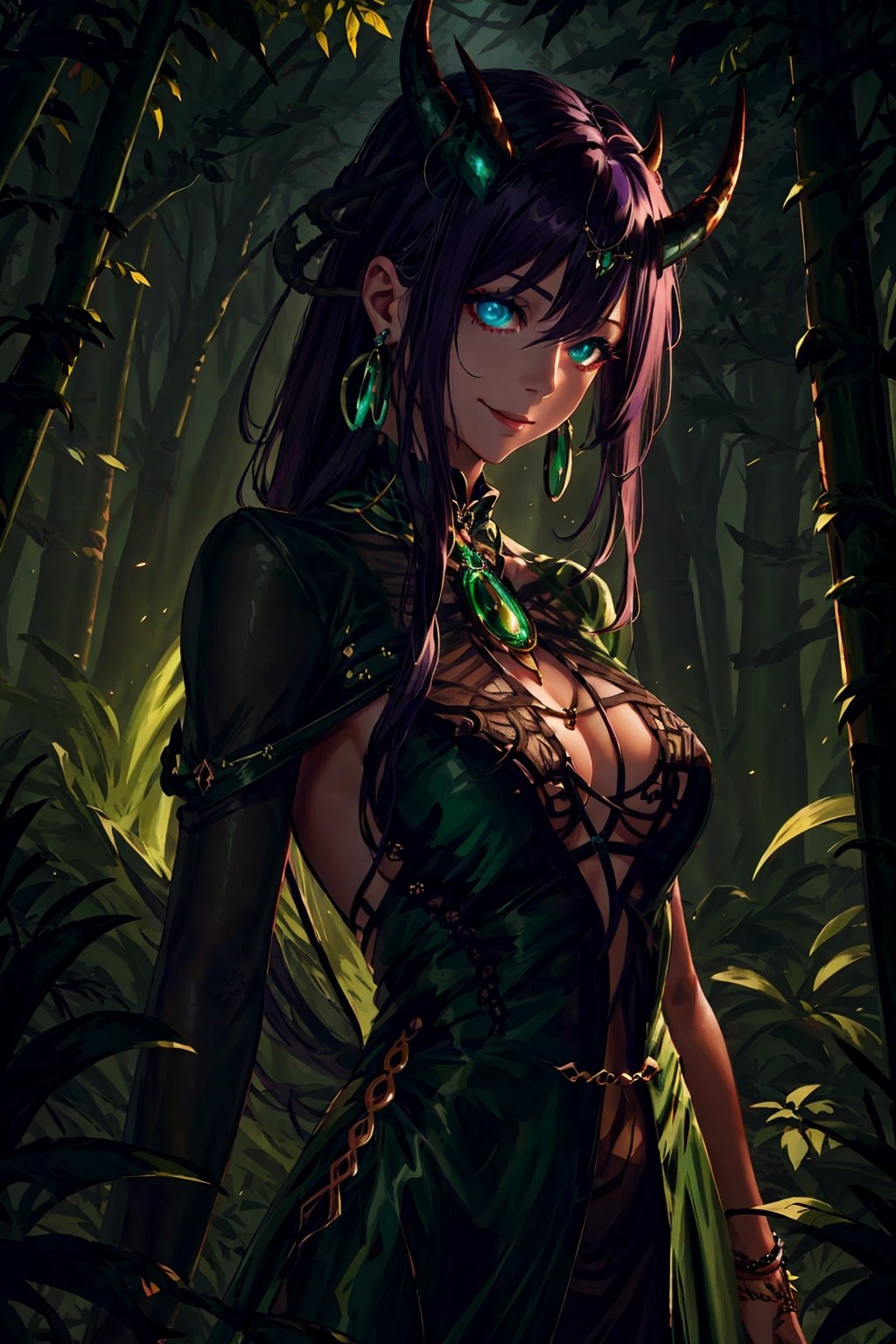 Imagine a beautiful woman with long and wild dark purple hair hair flowing freely around her. She has short horns. Her dragon eyes are bright green, sparkling with intricate detail. She smiles like she is scheming something. She wears a gorgeous dress with a fine touch and she wears fine jewelery. The background is a creepy forest with dim lighting, creating an ominous ambiance. She is surrounded by sparking magic. This artwork captures a creepy atmosphere against the backdrop of a beautiful yet dimly lit setting, detailed, detail_eyes, detailed_hair, detailed_scenario, detailed_hands, detailed_background. girl, fine clothing, 