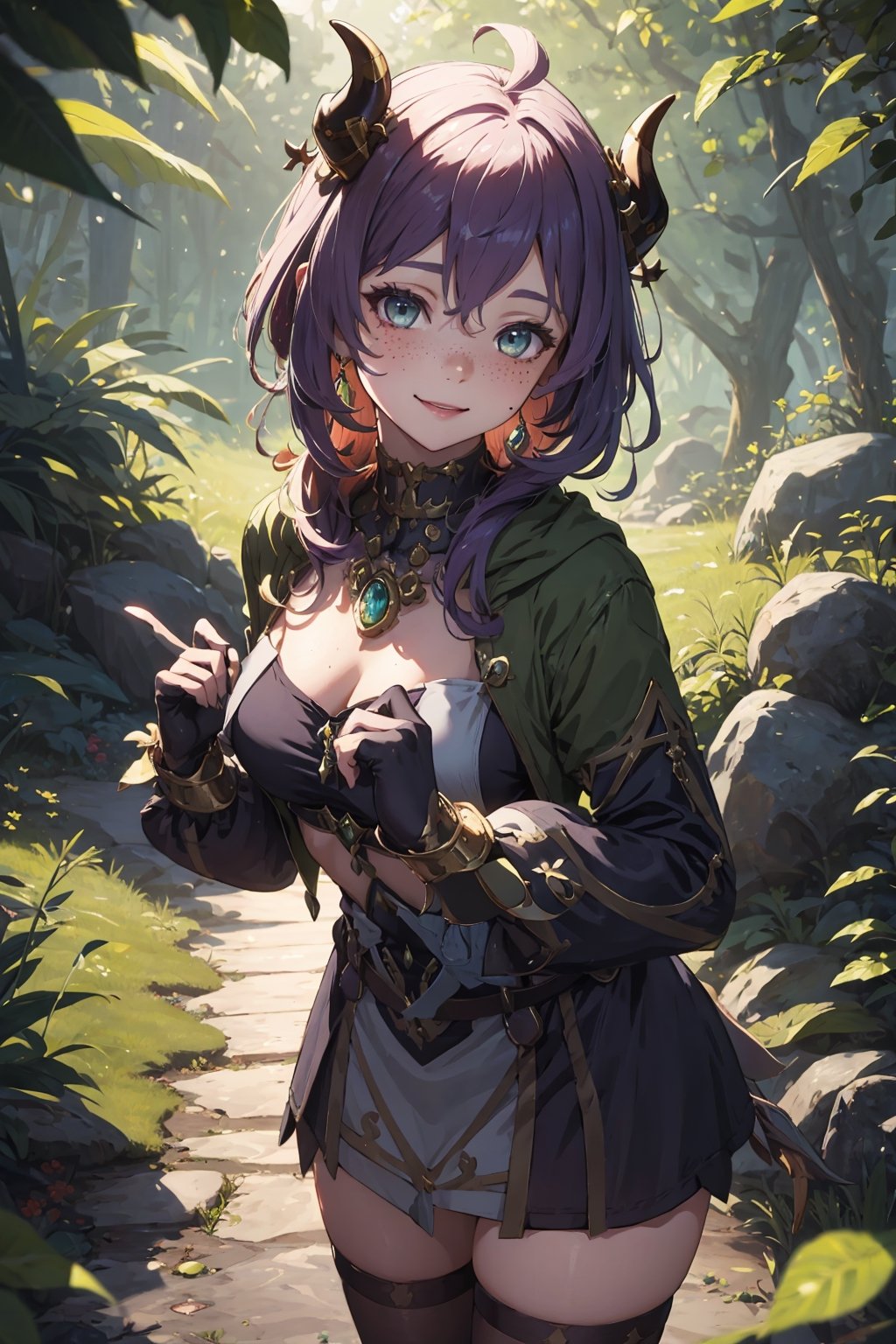 Imagine a female child with short messy vibrant purple hair in a short hair cut. She has small breasts. She has bright green eyes. She has pointed elf ears. She has two short horns on her head. She has an evil smile on her face that shows she's up to no good. She has warm freckles on her face. She wears a long green trench coat. The background is a charming forest path in the enchanted woods with bright lighting, creating a magical ambiance. This artwork captures the essence of mischief and magic against the backdrop of a beautiful setting. detailed, detail_eyes, detailed_hair, detailed_scenario, detailed_hands, detailed_background, vox machina style,vox machina style,oil impasto, flat chest.,,niloudef