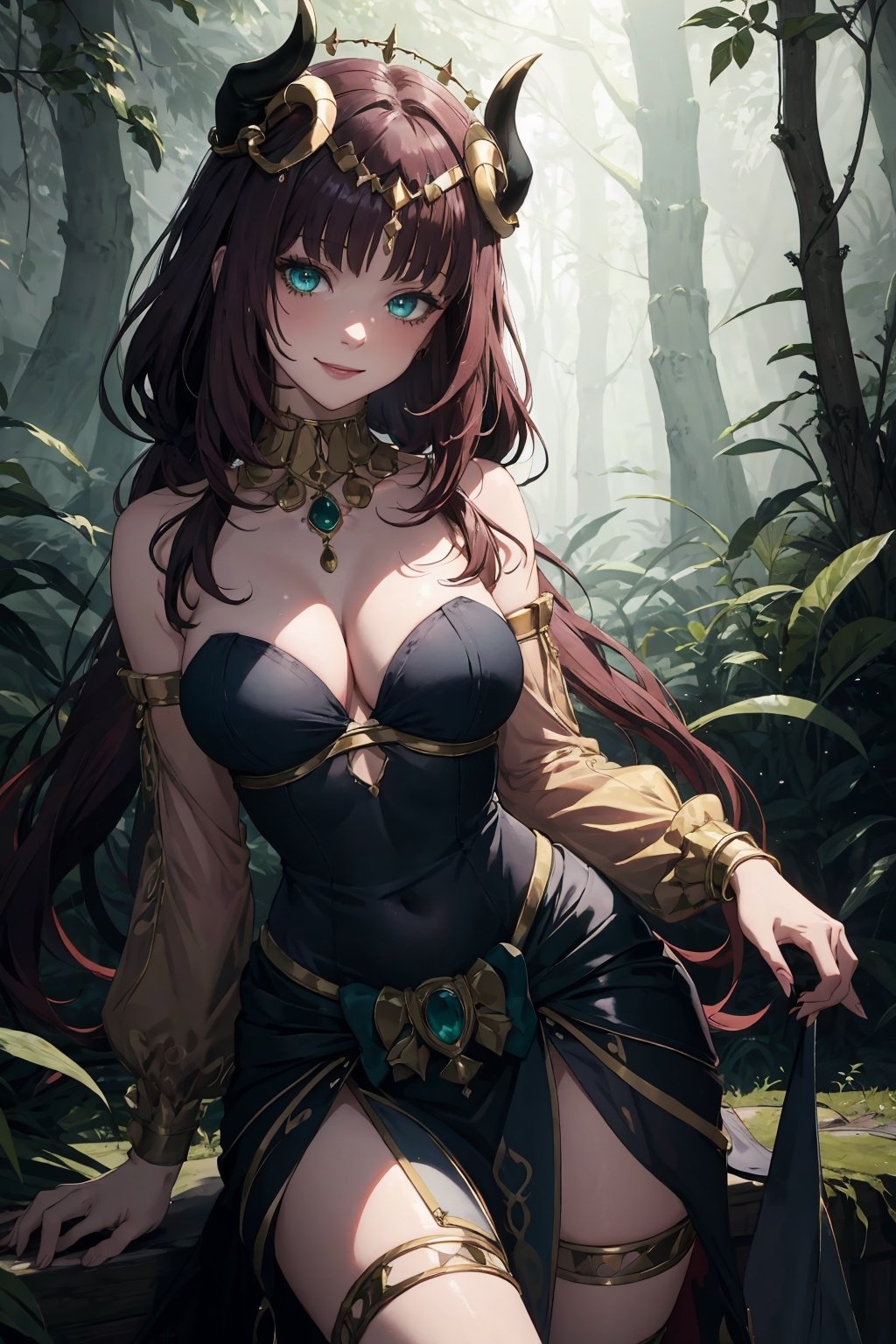 Imagine a beautiful woman with long and wild dark purple hair hair flowing freely around her. She has horns. Her dragon eyes are bright green, sparkling with intricate detail. She smiles like she is scheming something. She wears a gorgeous dress with a fine touch and she wears fine jewelery. The background is a creepy forest with dim lighting, creating an ominous ambiance. She is surrounded by sparking magic. This artwork captures a creepy atmosphere against the backdrop of a beautiful yet dimly lit setting, detailed, detail_eyes, detailed_hair, detailed_scenario, detailed_hands, detailed_background. girl, fine clothing, nilou horns, ,niloudef,Dreamwave,tharja_(fire_emblem)