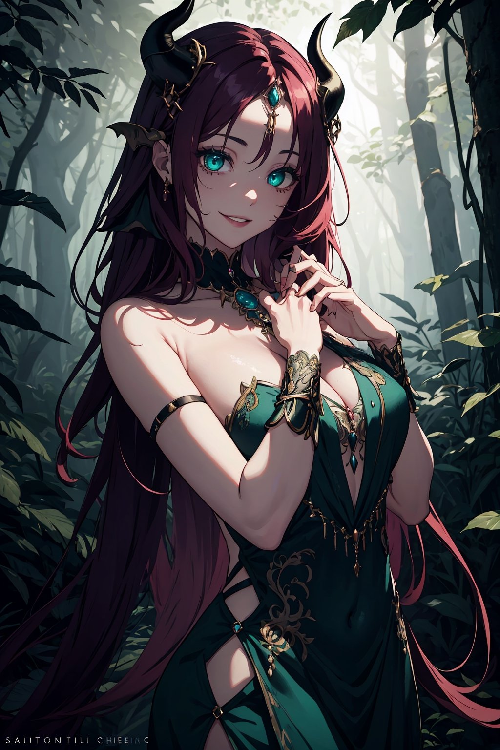 Imagine a beautiful woman with long and wild dark purple hair hair flowing freely around her. She has horns. Her dragon eyes are bright green, sparkling with intricate detail. She smiles like she is scheming something. She wears a gorgeous dress with a fine touch and she wears fine jewelery. The background is a creepy forest with dim lighting, creating an ominous ambiance. She is surrounded by sparking magic. This artwork captures a creepy atmosphere against the backdrop of a beautiful yet dimly lit setting, detailed, detail_eyes, detailed_hair, detailed_scenario, detailed_hands, detailed_background. girl, fine clothing, nilou horns, 