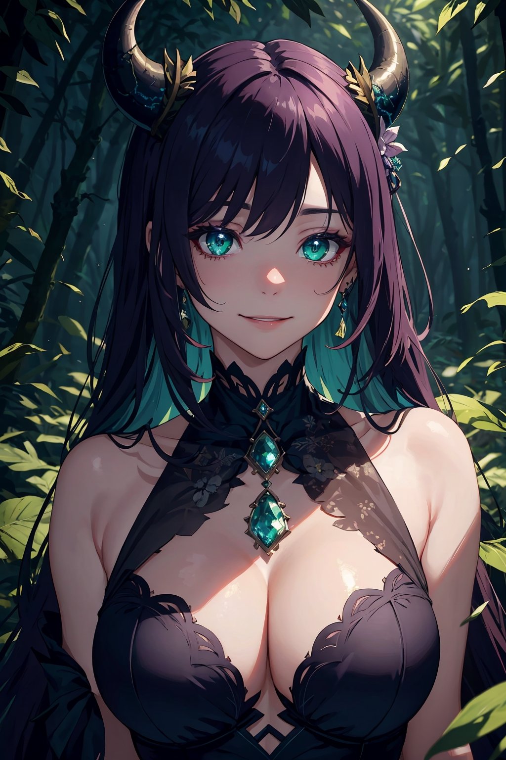 Imagine a beautiful woman with long and wild dark purple hair hair flowing freely around her. She has horns. Her dragon eyes are bright green, sparkling with intricate detail. She smiles like she is scheming something. She wears a gorgeous dress with a fine touch and she wears fine jewelery. The background is a creepy forest with dim lighting, creating an ominous ambiance. She is surrounded by sparking magic. This artwork captures a creepy atmosphere against the backdrop of a beautiful yet dimly lit setting, detailed, detail_eyes, detailed_hair, detailed_scenario, detailed_hands, detailed_background. girl, fine clothing, ,nilou \(genshin impact\),KurashimaChiyuri,mano aloe