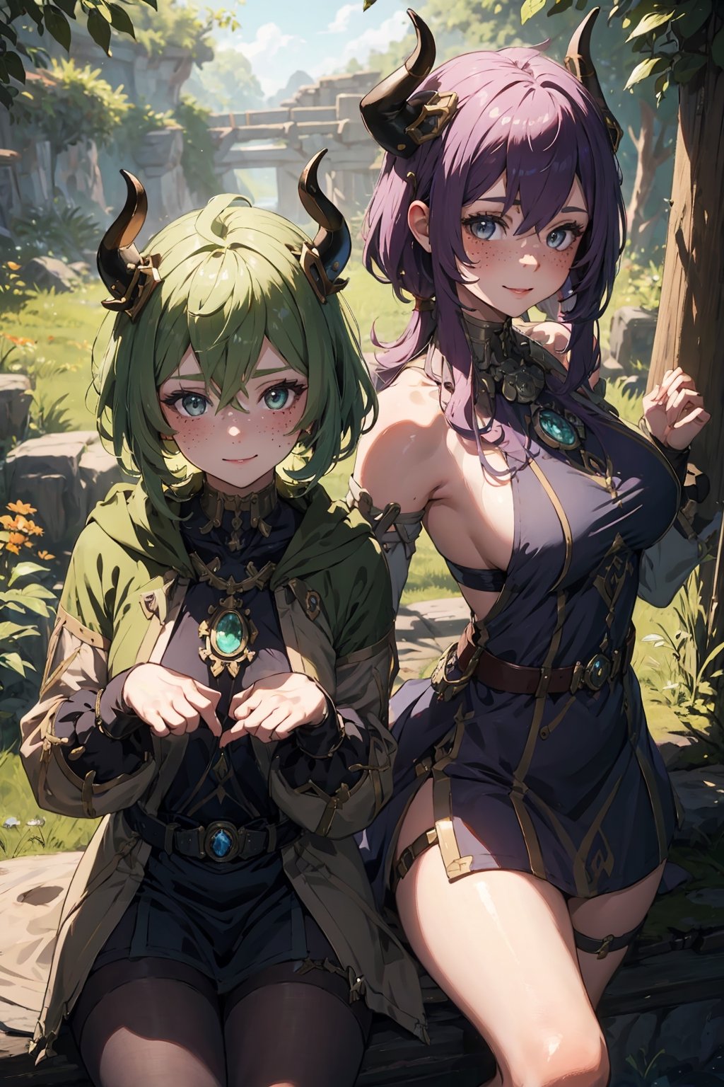 Imagine a female child with short messy vibrant purple hair in a short hair cut. She has small breasts. She has bright green eyes. She has pointed elf ears. She has two short horns on her head. She has an evil smile on her face that shows she's up to no good. She has warm freckles on her face. She wears a long green trench coat. The background is a charming forest path in the enchanted woods with bright lighting, creating a magical ambiance. This artwork captures the essence of mischief and magic against the backdrop of a beautiful setting. detailed, detail_eyes, detailed_hair, detailed_scenario, detailed_hands, detailed_background, vox machina style,vox machina style,oil impasto, flat chest, 