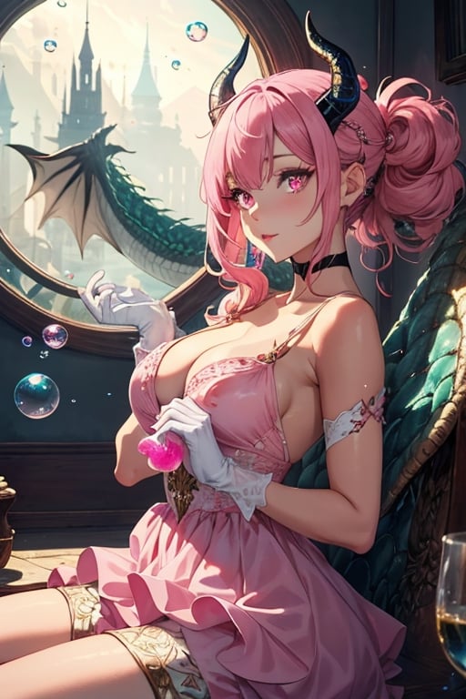 Imagine a beautiful woman with long curly pink hair hair tied. She has pink dragon horns and a tail. She has adorable patches of bubblegum pink scales on her skin. Her dragon eyes are a vivid, intense shade of pink, sparkling with intricate detail. She has a warm, tanned complexion that adds to her charm. She wears a lovely pink dress with a delicate, cute touch, and her hands are adorned with white silk gloves. The background is a dragon's lair with a glittering pile of treasure with dim lighting, creating an ominous ambiance. She is surrounded by sparking bubbles floating in the air, reflecting the glittering treasure. This artwork captures the essence of innocence and cuteness against the backdrop of a beautiful yet dimly lit setting, detailed, detail_eyes, detailed_hair, detailed_scenario, detailed_hands, detailed_background. girl, pink eyes, fine clothing, medium breasts, pants, realistic, soap bubbles, dragon horns.