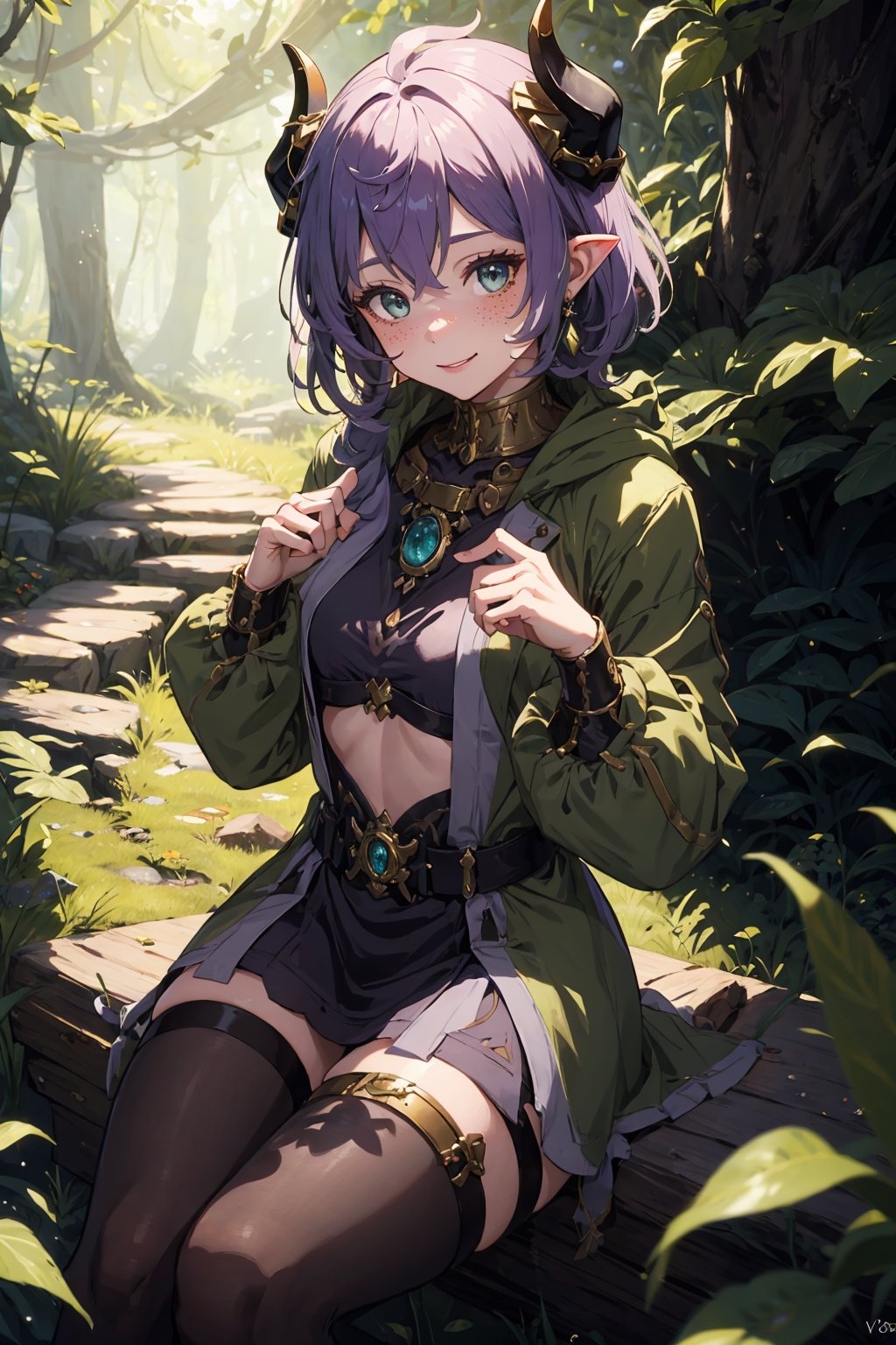 Imagine a female child with short messy vibrant purple hair in a short hair cut. She has small breasts. She has bright green eyes. She has pointed elf ears. She has two short horns on her head. She has an evil smile on her face that shows she's up to no good. She has warm freckles on her face. She wears pants, a full shirt, and a long green trench coat. The background is a charming forest path in the enchanted woods with bright lighting, creating a magical ambiance. This artwork captures the essence of mischief and magic against the backdrop of a beautiful setting. detailed, detail_eyes, detailed_hair, detailed_scenario, detailed_hands, detailed_background, vox machina style,vox machina style,oil impasto, flat chest.,,niloudef