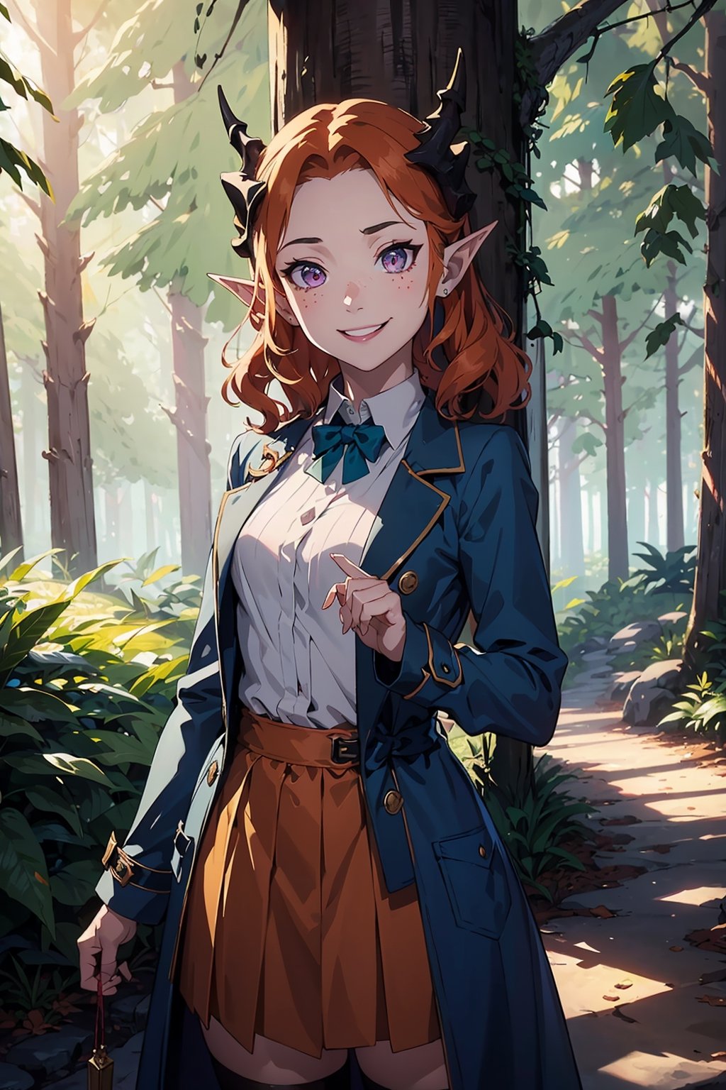 Imagine a female child with short fluffy and messy curly bright orange hair that hangs free. She has small breasts and is a lolita. Her eyes are a bright shade of green, sparkling with intricate detail and a hit on magic. She has pointed elf ears. She has two short horns on her head. She has an evil smile on her face that shows she's up to no good. She has warm freckles on her face. She wears a white button up long sleeve top and a long purple skirt and long green trench coat with lots of pockets. She is practicing magic that sparkles around her. The background is a charming forest path in the enchanted woods with bright lighting, creating a magical ambiance. This artwork captures the essence of mischief and magic against the backdrop of a beautiful setting. detailed, detail_eyes, detailed_hair, detailed_scenario, detailed_hands, detailed_background, vox machina style,vox machina style,fantai12