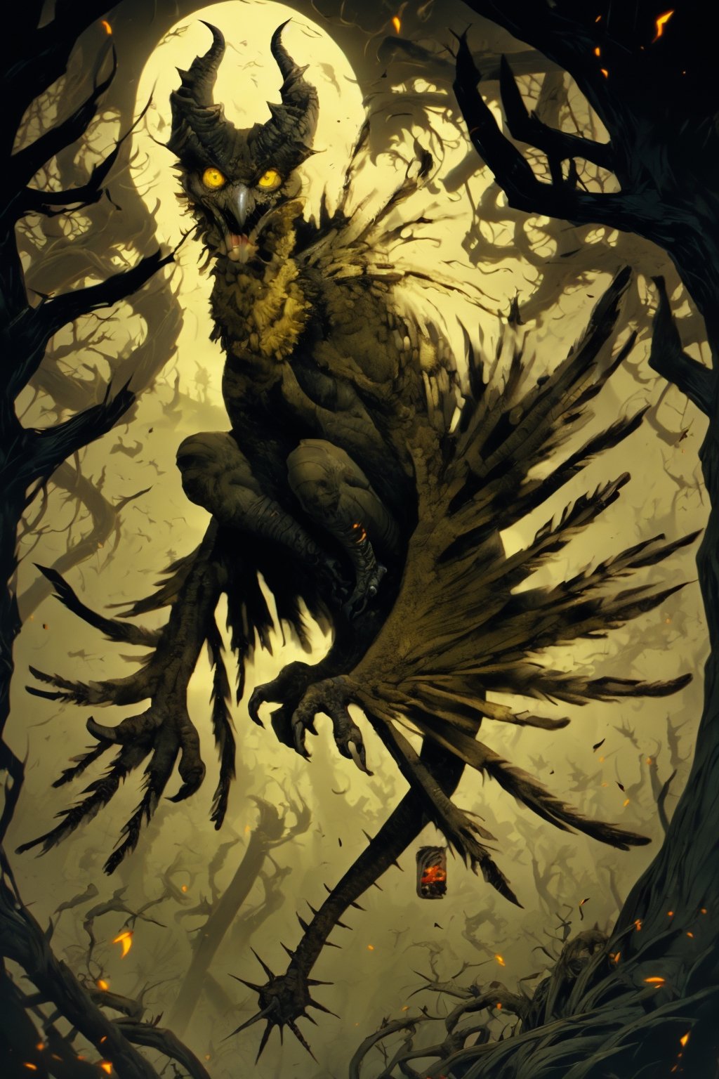 Owl demon, owl, monster, open mouth, toothy maw, toothed beak, devil, final boss, detailed teeth, claws, detailed eyes, demon lord, lord of darkness, yellow eyes, sitting on dead tree.