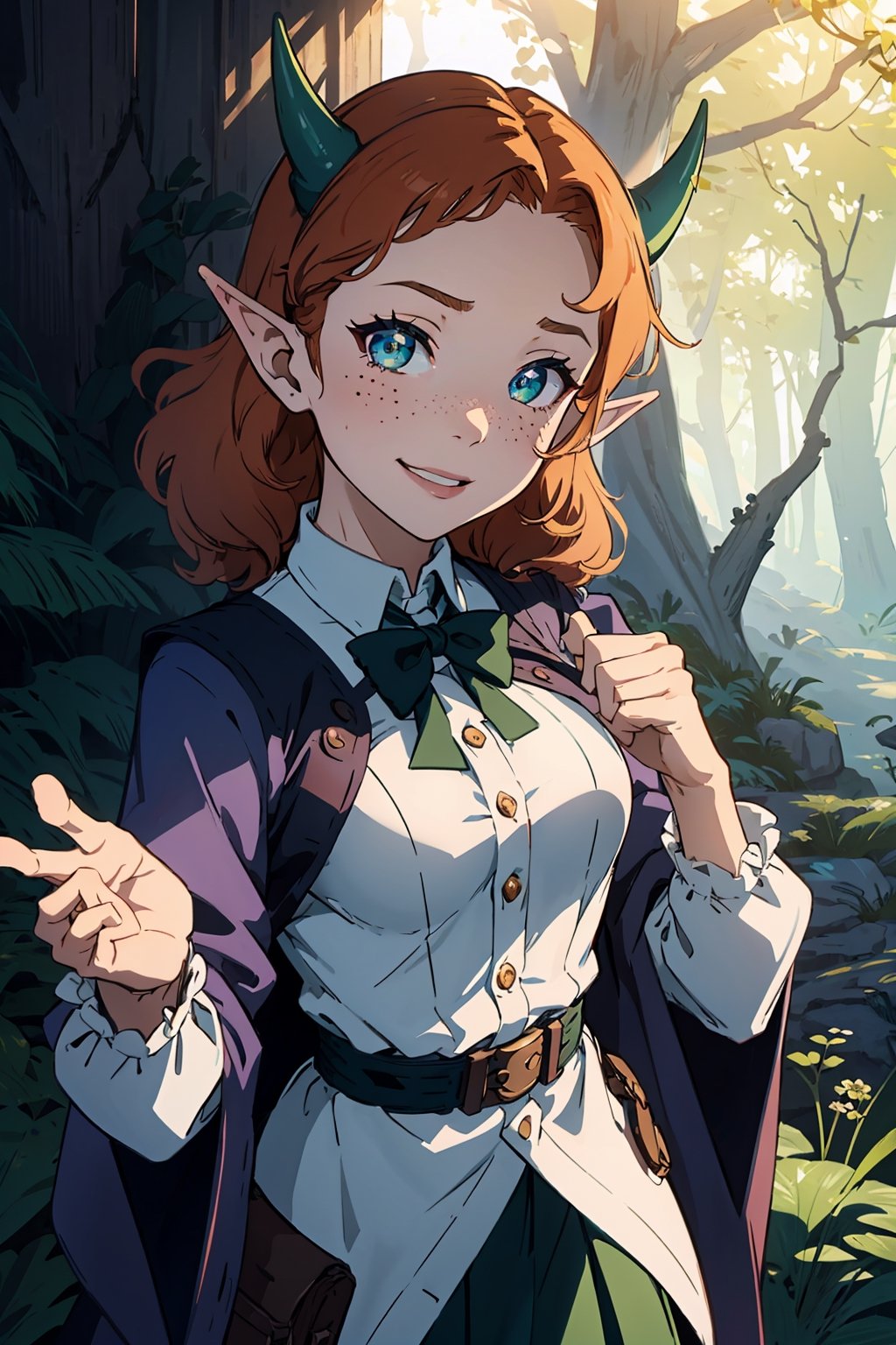 Imagine a female child with short fluffy and messy curly bright orange hair. She has small breasts and is a lolita. Her eyes are a bright shade of green, sparkling with intricate detail and a hit on magic. She has pointed elf ears. She has two short horns on her head. She has an evil smile on her face that shows she's up to no good. She has warm freckles on her face. She wears a white button up long sleeve top and a long purple skirt and long green trench coat with lots of pockets. She is practicing magic that sparkles around her. The background is a charming forest path in the enchanted woods with bright lighting, creating a magical ambiance. This artwork captures the essence of mischief and magic against the backdrop of a beautiful setting. detailed, detail_eyes, detailed_hair, detailed_scenario, detailed_hands, detailed_background, vox machina style,vox machina style