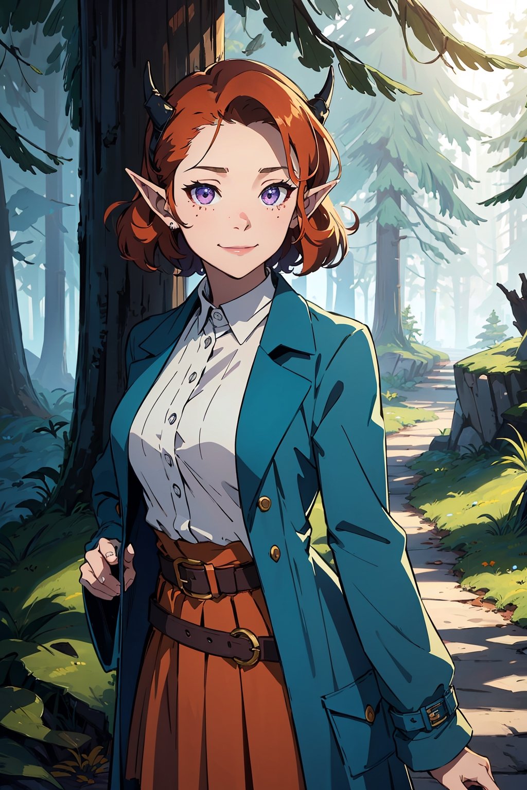 Imagine a female child with short fluffy and messy curly bright orange hair. Her eyes are a bright shade of green, sparkling with intricate detail and a hit on magic. She has pointed elf ears. She has two short horns on her head. She has an evil smile on her face that shows she's up to no good. She has warm freckles on her face. She wears a white button up long sleeve top and a long purple skirt and long green trench coat with lots of pockets. She is practicing magic that sparkles around her. The background is a charming forest path in the enchanted woods with bright lighting, creating a magical ambiance. This artwork captures the essence of mischief and magic against the backdrop of a beautiful setting. detailed, detail_eyes, detailed_hair, detailed_scenario, detailed_hands, detailed_background,FFIXBG, fantasy.,Tex Mex Burrito Style,aka shiba,yoshida akihiko,MOLESTATION,SAM YANG,vox machina style,niloudef,monadef,KurashimaChiyuri, small breast, short hair,Circle