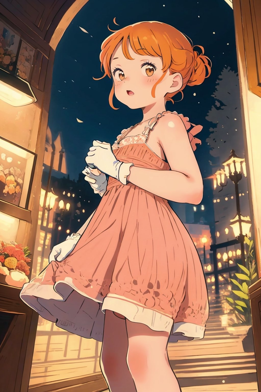 Imagine an adorable girl with wild short curly orange hair tied. Her eyes are a vivid, intense shade of green, sparkling with intricate detail. She has a warm, tanned complexion that adds to her charm. She wears a lovely pink dress with a delicate, cute touch, and her hands are adorned with white silk gloves. The background is a charming bar scene with dim lighting, creating a cozy ambiance. This artwork captures the essence of innocence and cuteness against the backdrop of a beautiful yet dimly lit setting, detailed, detail_eyes, detailed_hair, detailed_scenario, detailed_hands, detailed_background.