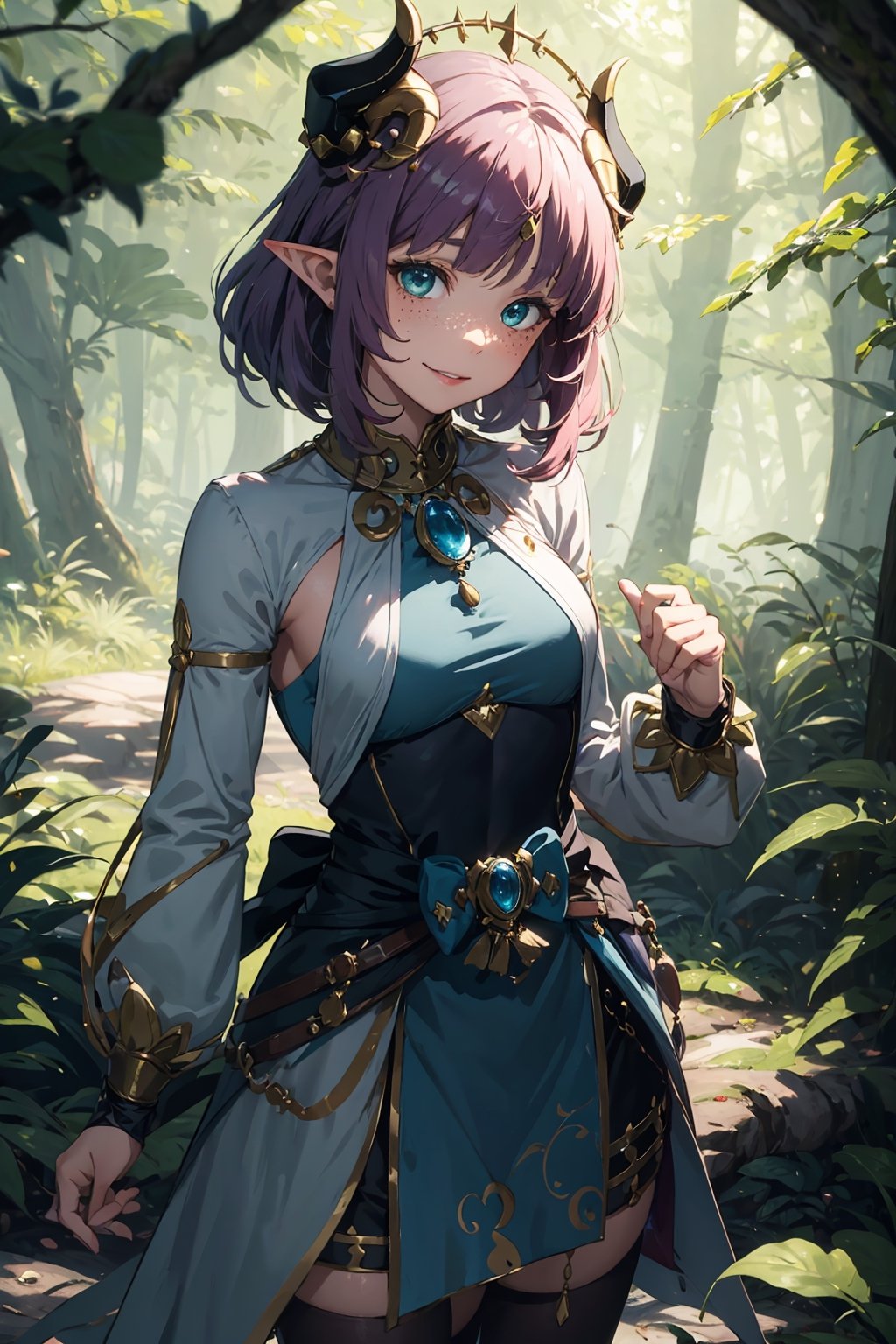 Imagine a female child with short messy vibrant purple hair in a short hair cut. She has small breasts. She has bright green eyes. She has pointed elf ears. She has two short horns on her head. She has an evil smile on her face that shows she's up to no good. She has warm freckles on her face. She wears a modest outfit with a long green trench coat with lots of pockets. She is practicing magic that sparkles around her. The background is a charming forest path in the enchanted woods with bright lighting, creating a magical ambiance. This artwork captures the essence of mischief and magic against the backdrop of a beautiful setting. detailed, detail_eyes, detailed_hair, detailed_scenario, detailed_hands, detailed_background, vox machina style,vox machina style,oil impasto, flat chest.,,niloudef,