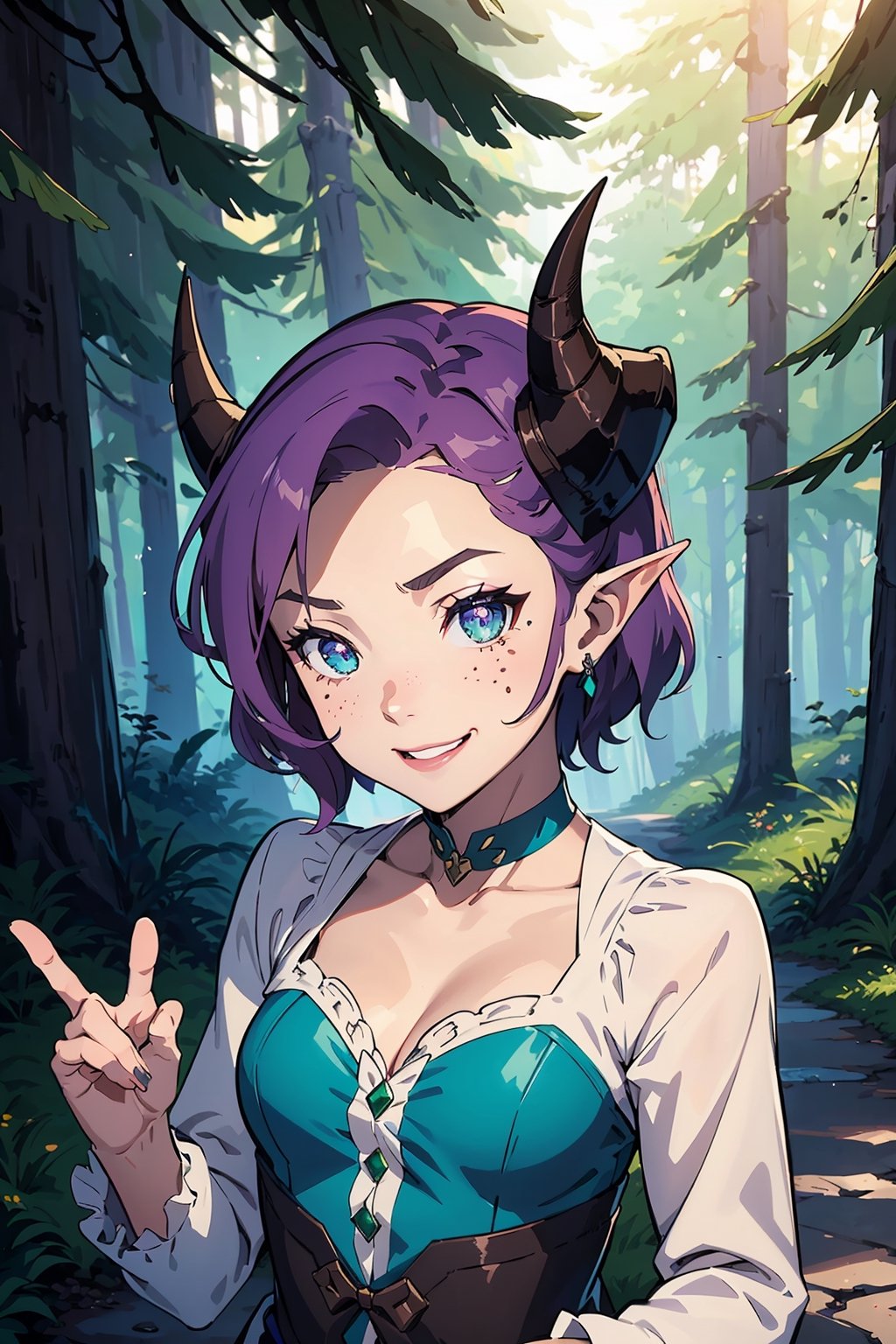 Imagine a female child with short fluffy and messy curly bright purple hair in a pixie cut. She has small breasts and is a lolita. Her eyes are a bright shade of green, sparkling with intricate detail and a hit on magic. She has pointed elf ears. She has two short horns on her head. She has an evil smile on her face that shows she's up to no good. She has warm freckles on her face. She wears a white button up long sleeve top and a long purple skirt and long green trench coat with lots of pockets. She is practicing magic that sparkles around her. The background is a charming forest path in the enchanted woods with bright lighting, creating a magical ambiance. This artwork captures the essence of mischief and magic against the backdrop of a beautiful setting. detailed, detail_eyes, detailed_hair, detailed_scenario, detailed_hands, detailed_background, vox machina style,vox machina style,fantai12