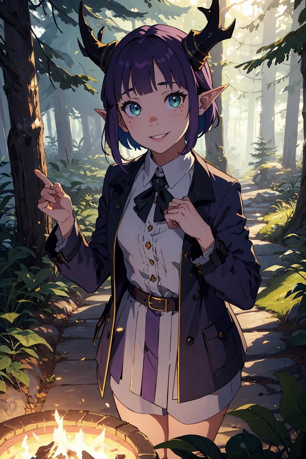 Imagine a female child with short messy vibrant purple hair in a short hair cut. She has small breasts. She has bright green eyes. She has pointed elf ears. She has two short horns on her head. She has an evil smile on her face that shows she's up to no good. She has warm freckles on her face. She wears a modest outfit with a long green trench coat with lots of pockets. She is practicing magic that sparkles around her. The background is a charming forest path in the enchanted woods with bright lighting, creating a magical ambiance. This artwork captures the essence of mischief and magic against the backdrop of a beautiful setting. detailed, detail_eyes, detailed_hair, detailed_scenario, detailed_hands, detailed_background, vox machina style,vox machina style,oil impasto, flat chest.,Kanna Kamui ,niloudef
