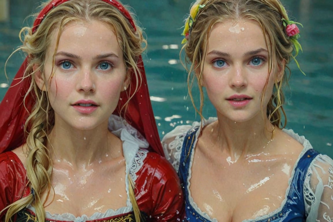 (wet clothes, wet hair, wet, wet face, wet skin,  : 1.4 ),(two Beautiful German queen ),(greater details in definitions of face and eyes), (realistic and detailed skin textures), (extremely clear image, UHD, resembling realistic professional photographs, film grain), beautiful blonde hair,beautiful blue iris, ((wearing Baroque-style crimson dirndl ballgowns and veiled royal cloak with vibrant colors, submerge, two girls hugging, very wet drenched hair, wet face:1.2)), infused with norwegian elements. The dress combines intricate lace and embroidery with colorful ballgown-inspired patterns. A wide obi belt cinches her waist, while puffed sleeves and delicate accessories complete the look, showcasing a striking fusion of cultures.,ct-drago
.
, soakingwetclothes, wet clothes, wet hair, Visual Anime,art_booster,anime_screencap,fake_screenshot,anime coloring