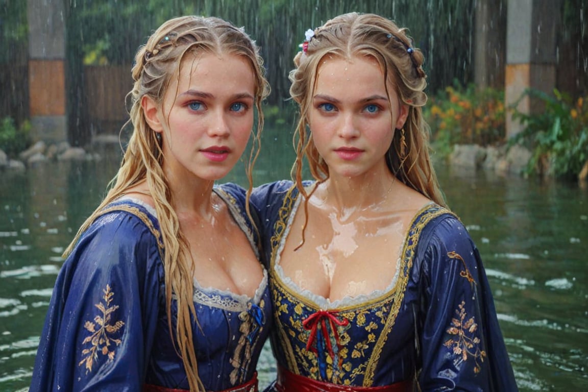 (wet clothes, wet hair, wet, wet face, wet skin,  : 1.4 ),(two Beautiful German queen ),(greater details in definitions of face and eyes), (realistic and detailed skin textures), (extremely clear image, UHD, resembling realistic professional photographs, film grain), beautiful blonde hair,beautiful blue iris, ((wearing Baroque-style dirndl ballgowns and royal cloak with vibrant colors, submerge, two girls hugging, very wet drenched hair, wet face:1.2)), infused with norwegian elements. The dress combines intricate lace and embroidery with colorful ballgown-inspired patterns. A wide obi belt cinches her waist, while puffed sleeves and delicate accessories complete the look, showcasing a striking fusion of cultures.,ct-drago
.
, soakingwetclothes, wet clothes, wet hair, Visual Anime,art_booster,anime_screencap,fake_screenshot,anime coloring