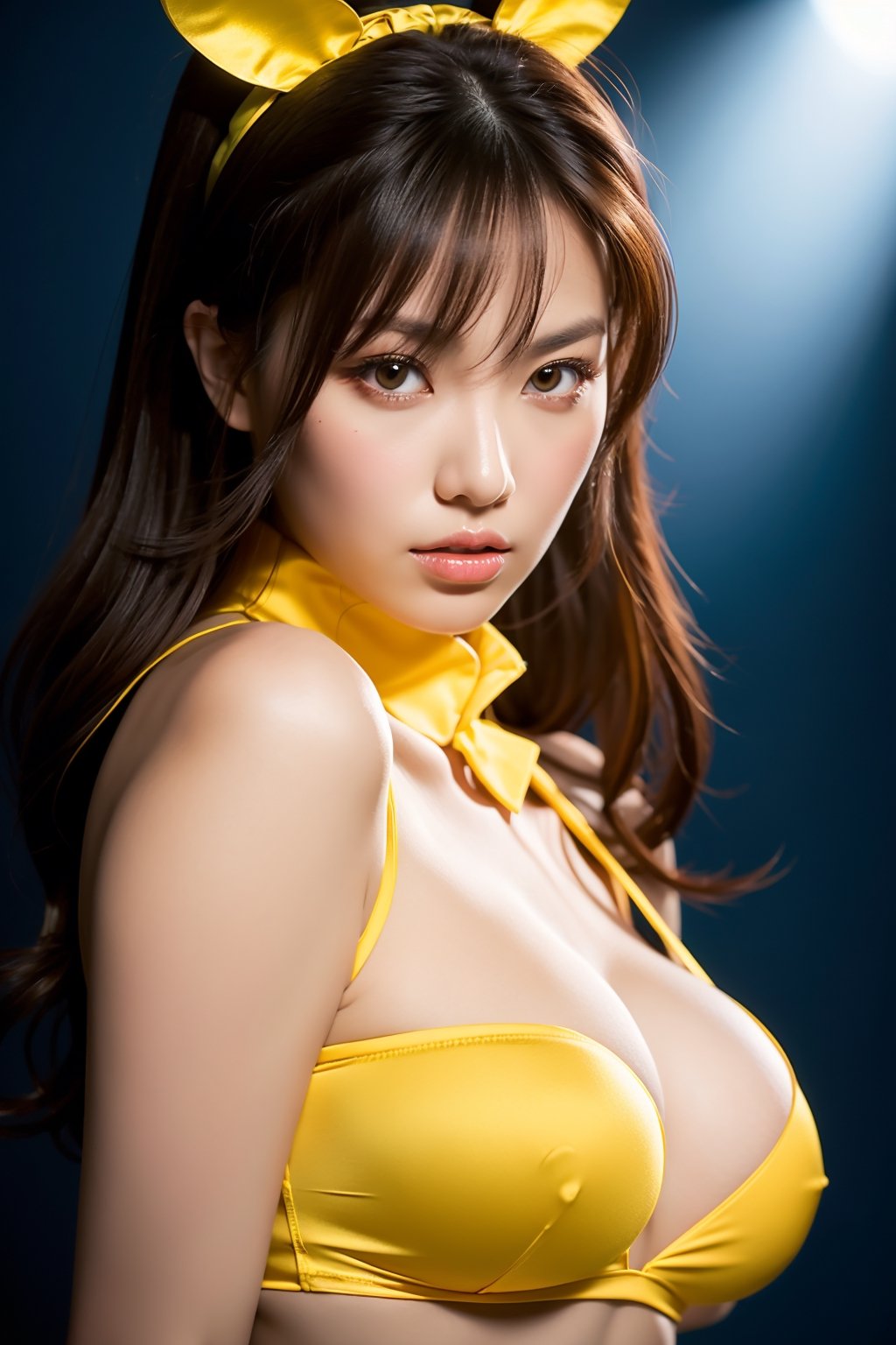 32k sexy female models , Huge breasts,  eyes, twintails nlack hair  High resolution , Upper body, No background, Studio Lightning , Wearing 1girl, solo, long hair, brown hair, yellow eyes, sumeragi lee noriega, , casino, playboy bunny, rabbit ears,