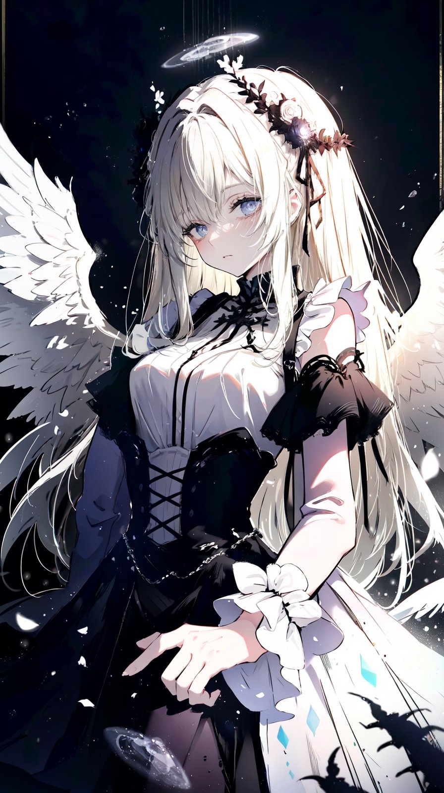 [[[1girl:0.7]]], (fallen angel), angel wing, [[light eyes]],random color, sickness ART, break, Craft an image of a delicate, ethereal anime character with a softer contrast. creating a sense of depth without harshness. Her eyes, drawn with the fragility of pencil strokes, convey a wistful, ephemeral quality, as if they might vanish at a moment's notice. The attire, inspired by gothic fashion, is rendered in lighter tones to maintain the delicate theme, with textures suggested by the lightest touch of the artist's hand, rather than defined by stark lines.,skindentation,AGGA_ST038,mysticlightKA