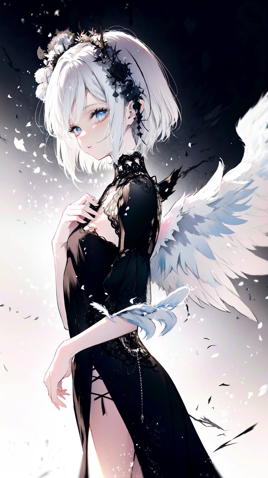 [[[1girl:0.7]]], (fallen angel), angel wing, [[light eyes]],random color, sickness ART, break, Craft an image of a delicate, ethereal anime character with a softer contrast. creating a sense of depth without harshness. Her eyes, drawn with the fragility of pencil strokes, convey a wistful, ephemeral quality, as if they might vanish at a moment's notice. The attire, inspired by gothic fashion, is rendered in lighter tones to maintain the delicate theme, with textures suggested by the lightest touch of the artist's hand, rather than defined by stark lines.,skindentation,AGGA_ST038,mysticlightKA