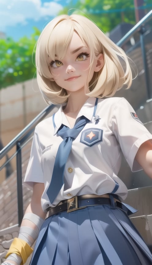 combat ring, female fighter, bobbed hair, yellow eyes, ((bandage on the chest)), white pants, fighting stance, very serious look, furrowed eyebrows, audience behind, epic scene, ((bandage on the hands)), epic scene

, school_girl, school_uniforms

smile, 

