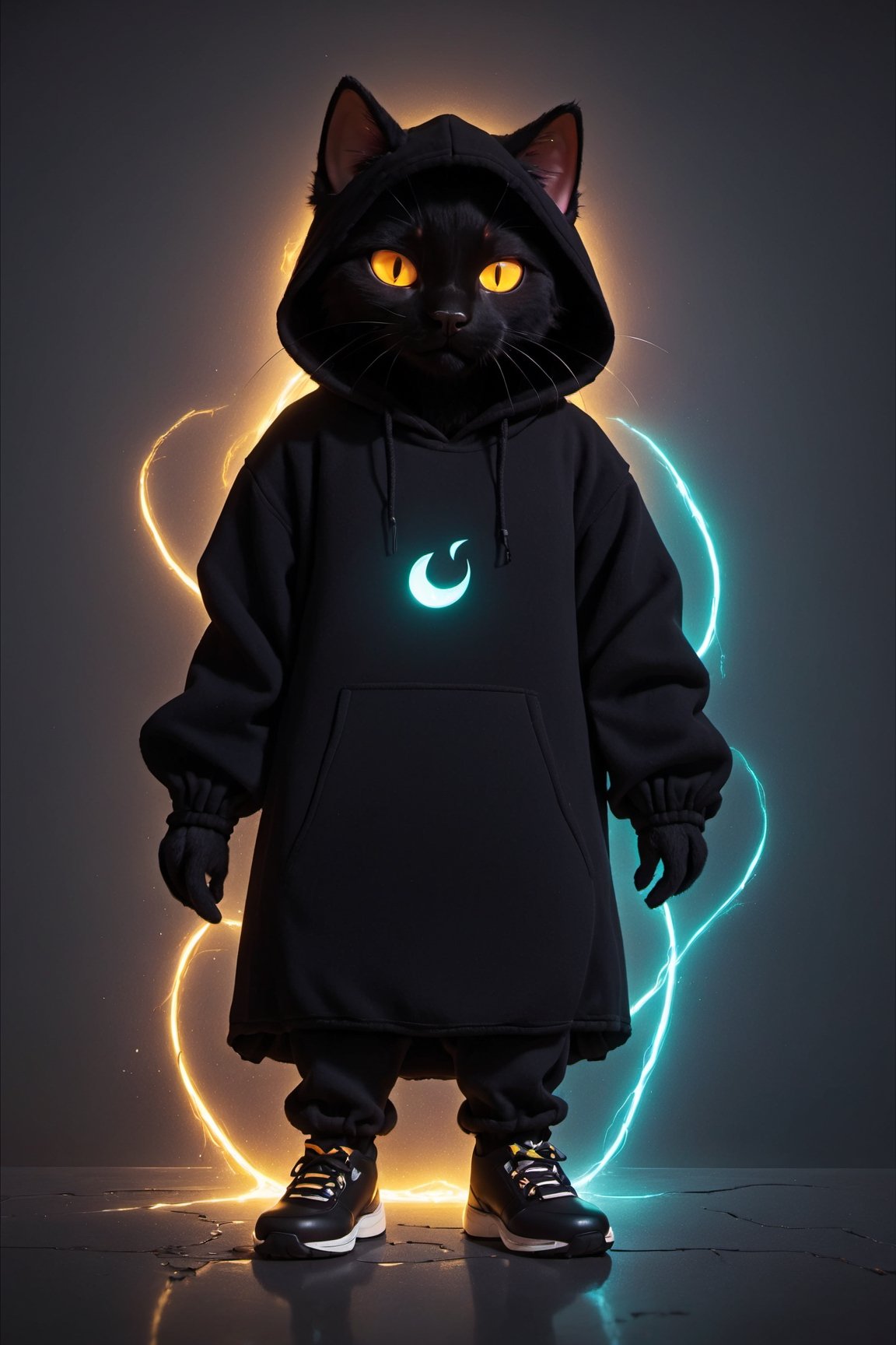 a black cat wearing hoody in a very bad mood, glowing_eyes