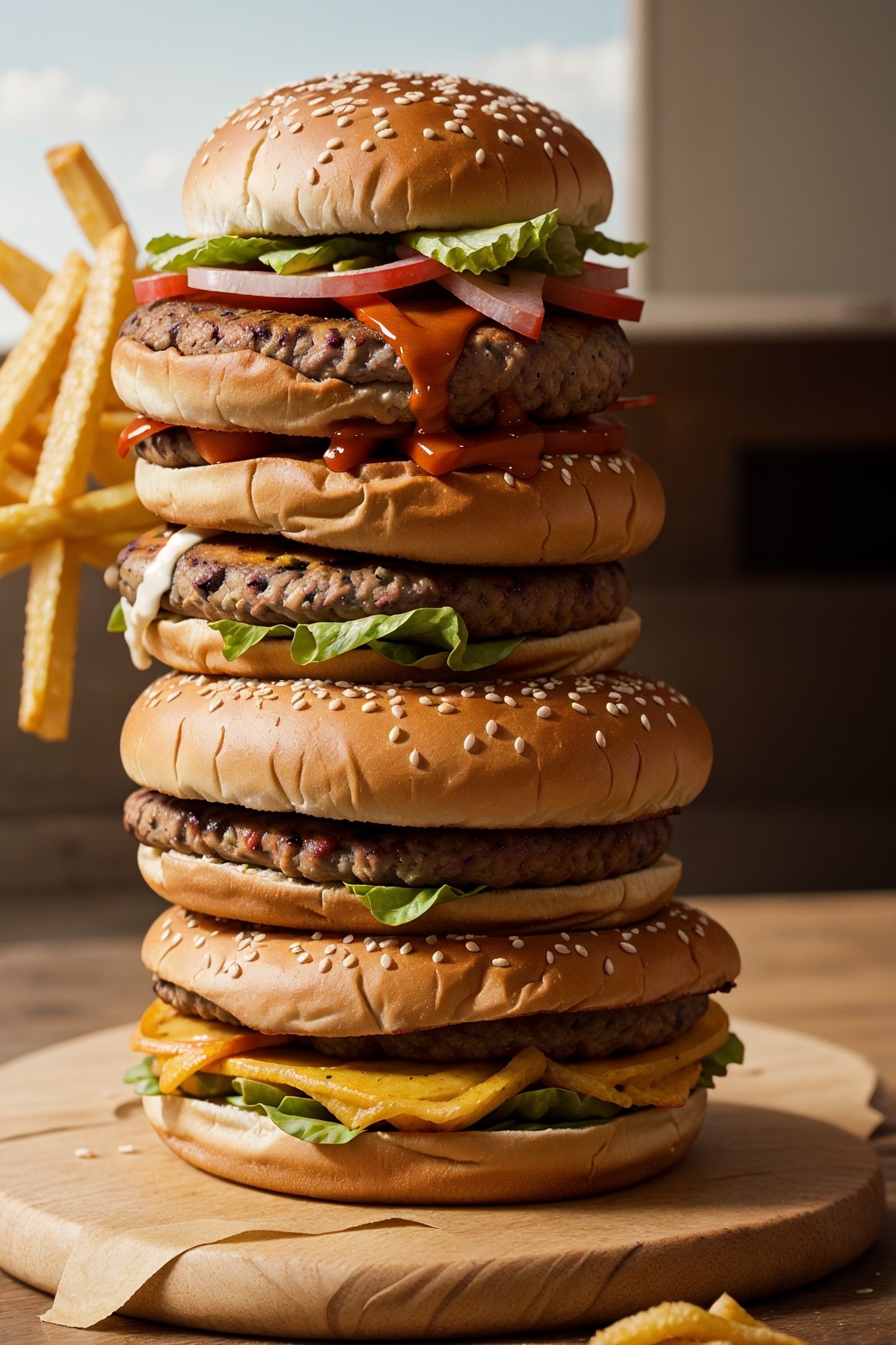 A burger falling in pieces juicy, tasty, hot, promotional photo, intricate details, hdr, cinematic, adobe lightroom, highly detailed