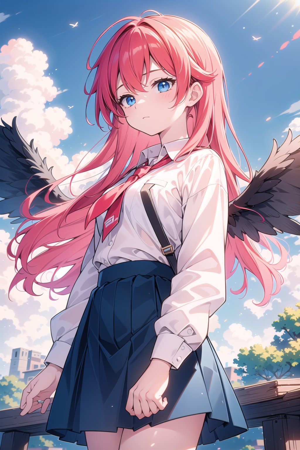 vibrant colors, female, masterpiece, sharp focus, best quality, depth of field, cinematic lighting, ((solo, one woman:1.3 )), (illustration, 8k CG, extremely detailed), masterpiece, ultra-detailed, (cowboy shot, dinamic), red hair girl , blue eyes , clouds, sky, fly, wings, schoolgirl clothes, blue skirt, white shirt, background lawn 