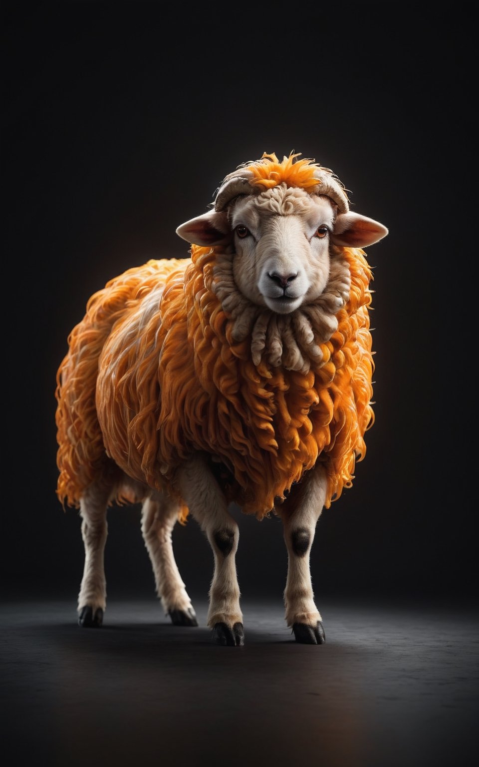 A masterpiece, a (full-length:1) photographic image shows an (orange sheep). The sheep is standing in front of a black background, with dynamic pose, ultra-realistic, 8k, HD, photography, lighting with shadows, orange background, dark cinematic lighting, beautiful style, beautiful colors, booth, (lighting background:1)