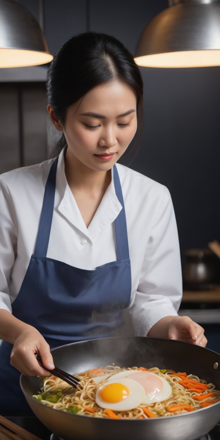 A masterpiece, (medium body:1) Photo of a 42 year old Asian woman preparing a dish of ramen and vegetables in a wok pan (modern food), dressed in white shirt, blue kitchen apron rustic jing cloth, concentrating on her culinary dish, with dynamic pose, ultra-realistic, 8k, HD, photography, lighting with shadows, black background, dark cinematic lighting, beautiful style, beautiful colors, cabin, (lighting background:1), (background with modern kitchen), (ornallas on).