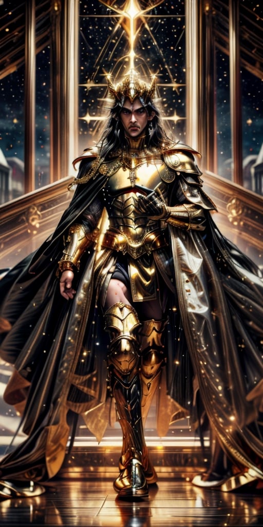 1man, Libra Shiryu, long dark hair (((Fullbody Shot))), dressed in the golden armor of Libra, holding a scepter with golden scales, on a black cloth background, The knights of the zodiac, Cloth and gold armor, perfect eyes, skin pores, clear skin, skin with gold drops, ((mystical background)) good anatomy, perfect hands, perfect eyes,4ry4,magical brackground,cloud, background_sky, mystical sky, ultra realistic, background details, (detail face), clear face, clear photography,perfecteyes, ((dramatic lighting)) sweat, (sweat droplets golden), God and the stars, the space is nice, random place, a lovely golden armor, extremely long hair, messy hair, perfect face, ultra detail face, perfect fingers, good finger anatomy, ((perfect hands))