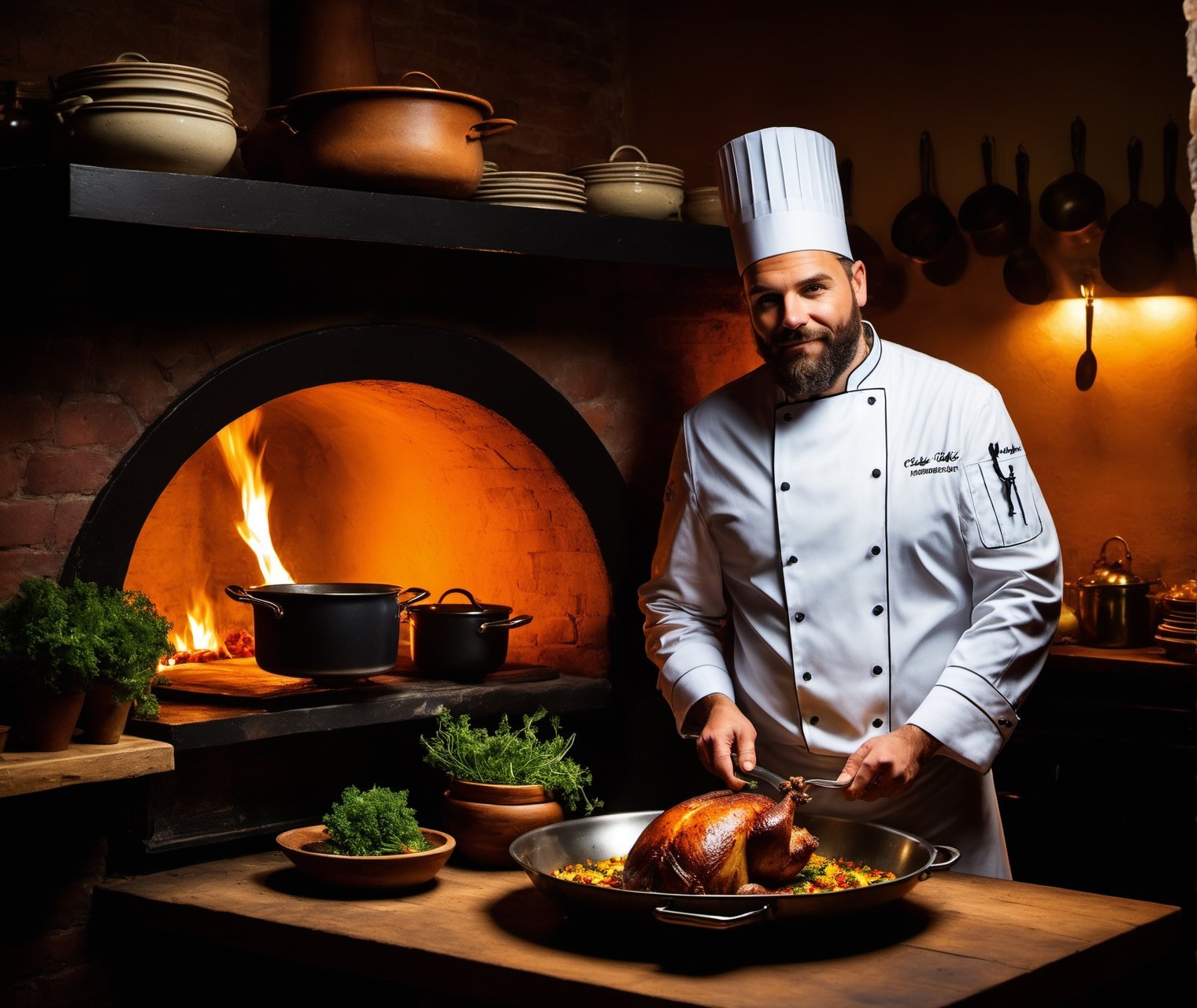 (masterpiece:1) A photo a rustic kitchen bathed in dim light, a chef in a crisp white uniform and tall hat concentrating on his culinary masterpiece. A succulent roast, golden brown and bursting with spicy aromas, cooks in an old-fashioned oven with metal knobs and handles. Fresh herbs and aromatic spices are scattered on the wooden countertop, evidence of meticulous preparation.

The shelves, crammed with neat jars and containers, reveal a well-equipped kitchen and an experienced cook. The warmth of the atmosphere is heightened by the presence of a simmering pot and the gentle sound of cooking.

Beyond the kitchen is a glimpse of a cozy dining room, ready to welcome guests to enjoy the chef's delicious creation. The image evokes an unforgettable dining experience where the passion for cooking is transformed into a feast for the senses.

ultra realistic, 8k, HD, Photography, Shadow lighting, (black background:1),(cinematic dark lighting:1.4), beautifull style, (Beautifull colours),photo r3al,detailmaster2, perfect face,perfecteyes, neon lighting, (pore skin.1), no makeup