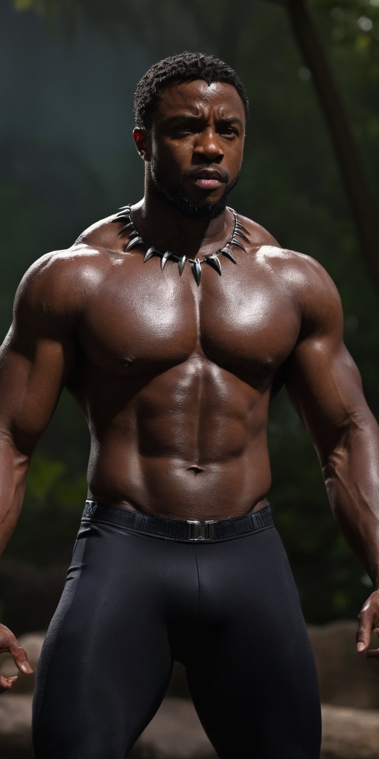 A masterpiece, a photo of the black panther of Marvel, full body with muscles, Jungleland background, sweaty face, defiant look, with dynamic pose, ultra realistic, 8k, HD, photography, lighting with shadows, black background, dark cinematic lighting, beautiful style, beautiful colors.