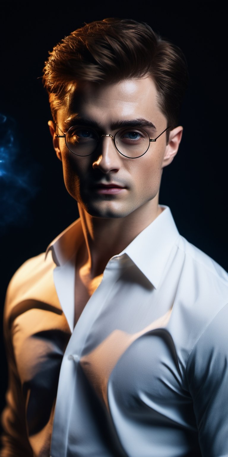 (masterpiece:1) A photo medium-shot Harry Potter, on location with dynamic pose wearing Other-Worldly Fashion, pale skin, (white shirt:1), ultra realistic, 8k, HD, Photography, Shadow lighting, (black background:1),(cinematic dark lighting:1.4), beautifull style, (Beautifull colours),photo r3al,detailmaster2, (dark blue and black), perfect face,perfecteyes, light lighting, (pore skin)