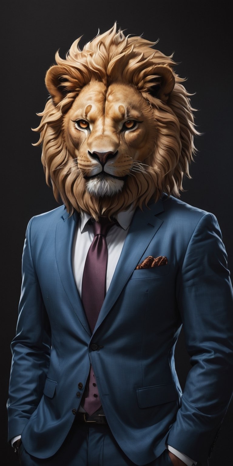 A masterpiece, a (full-length:1) photographic image shows a man in a dark blue suit and a Lion mask on his head. (brown Lion head:1), The Lion is large and covers the man's entire head. It has black eyes, a nose, and a mouth. The man's skin is light white. He is wearing a white shirt and a (blue tie). The shirt has a pocket on the chest and the tie is tied with a simple knot. The pants have two pockets on the sides and are fastened with a black belt. The man is standing in front of a black background, (Esao Andrews:1), with dynamic pose, ultra-realistic, 8k, HD, photography, lighting with shadows, black background, dark cinematic lighting, beautiful style, beautiful colors, booth, (lighting background:1)