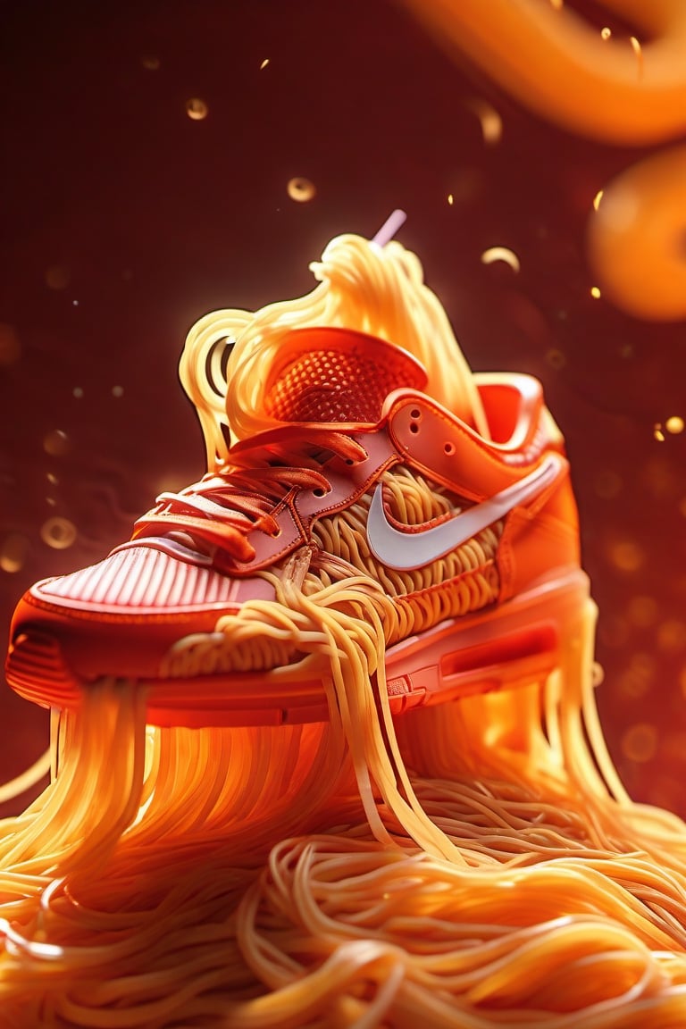 A closeup of one Nike (shoe of noodles:1.6) in the paradise of spaghetti, perfect shoe, perfect noodles, ultra realistic, high detailed, a product photography light, full color, subsurface scattering, slim shape, magic background, colors, volumetric light, 3d, good style, 90's, 8k, HD, product photography, good focus, booth, food focus, no humans, (noodles :1.2), EpicSky, one shoe, 1shoe, (noodles and and tomato sauce:1.3), background red and orange, yellow. [less leather]