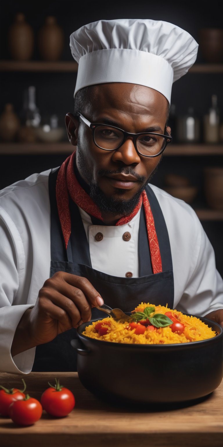 A masterpiece, (medium body:1), (African cuisine background:1) Photo of a 42 year old African man with seeing glasses, preparing a dish of yellow jollof rice and tomatoes in a black pot and wooden plates (Zulu food), dressed in white chef vest, concentrating on his culinary dish, with dynamic pose, ultra-realistic, 8k, HD, photography, lighting with shadows, black background, dark cinematic lighting, beautiful style, beautiful colors, cabin, (lighting background: 1), (background with traditional wooden kitchen.1), (ornate walls painted with red and blue zulu:1.2)