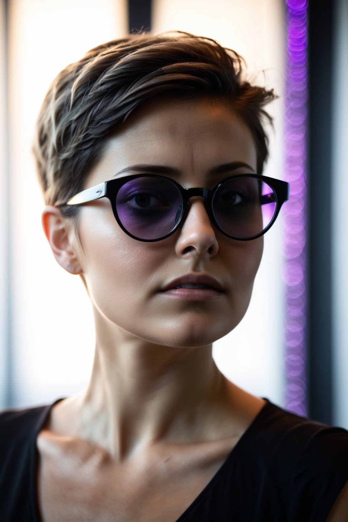 Woman with black glasses, wearing a black shirt, pore skin, no makeup, short hair, studio light, rim light, white background, shallow depth of field, highly detailed, high budget, film still, bokeh, cinemascope, moody, epic, gorgeous, film grain, a grainy, grim,  cinematic masterwork by the head of prompt engineering, more detail XL, Flora, (behind a white studio and beautiful field:1.2), (violet light lateral:1), (Extremely textura:1.1)