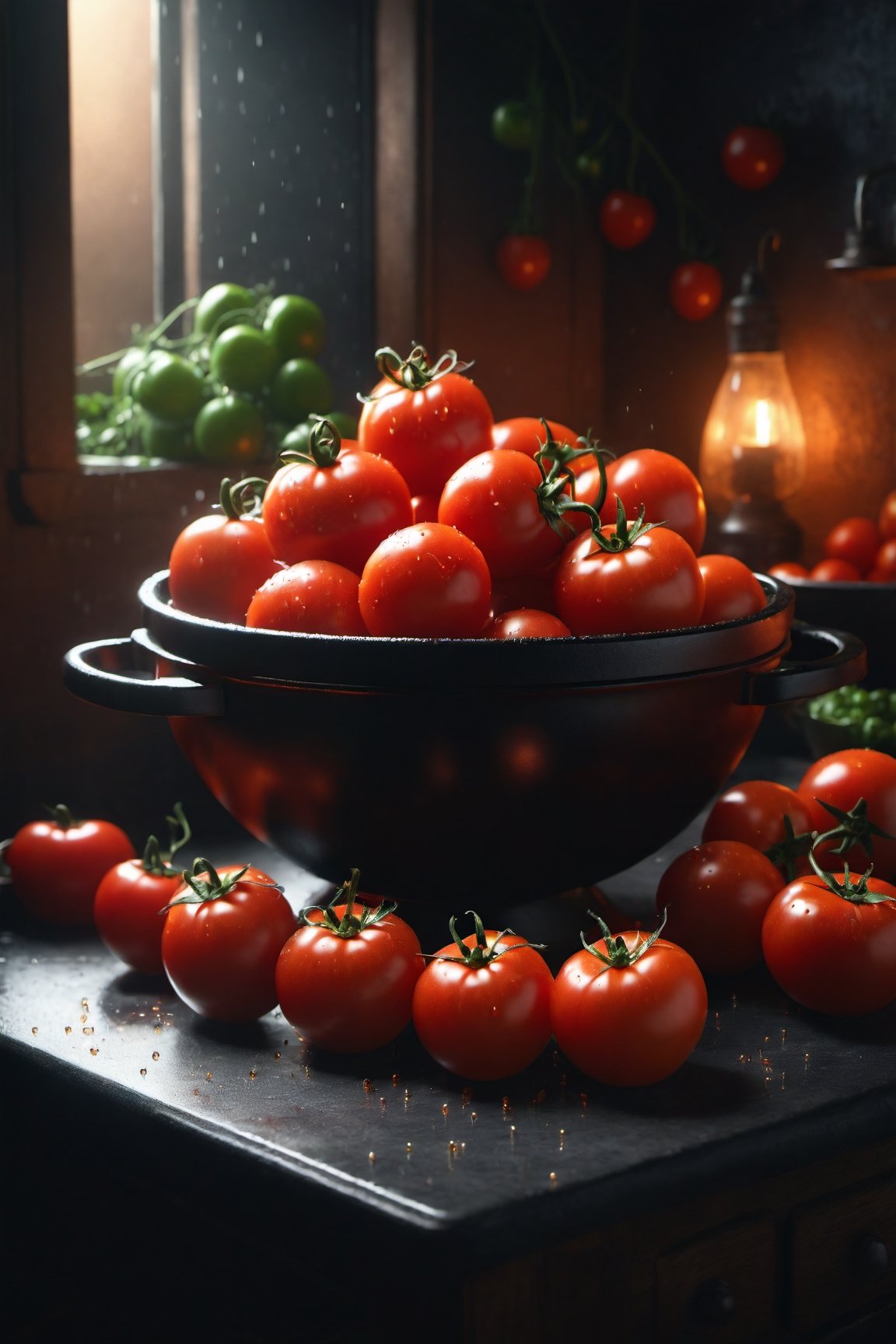 A masterpiece, (a photo of large red tomatoes inside a very small bolw:1), around more large tomatoes, tomatoes have water drops, dark kitchen table, (small black bowl:0.5) on a cozy kitchen on a sunny day, perfect lighting, background beautifull tradicional kitchen, with dynamic pose, ultra realistic, 8k, HD, photography, lighting with shadows, black background, dark cinematic lighting, beautiful style, beautiful colors, (golden hour lighting:1),(big tomatoes:1),booth