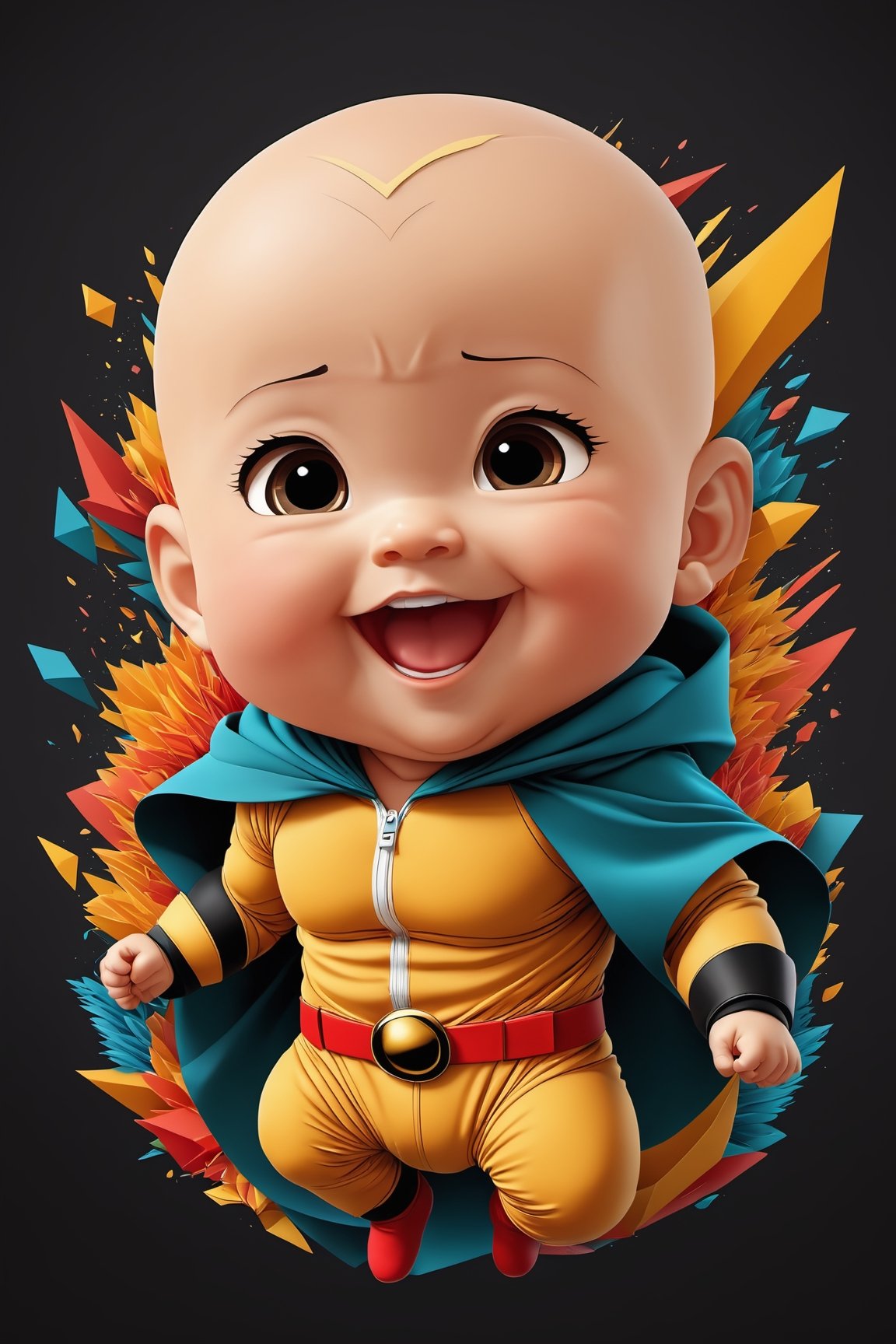 (full body) intricate coloring, vector graphic logo design of a baby One Punch-Man laughing, art style by anime insomnia, 3-6-9 pattern, art and mathematics fusion, high resolution, kawaii, cute, Elegant, sophisticated, muted color scheme, hyper detailed, trending at artstation, sharp focus, studio photography, highly detailed, centered, bright color, solid dark background, made with adobe illustrator, movie still, polygonal, Leonardo Style