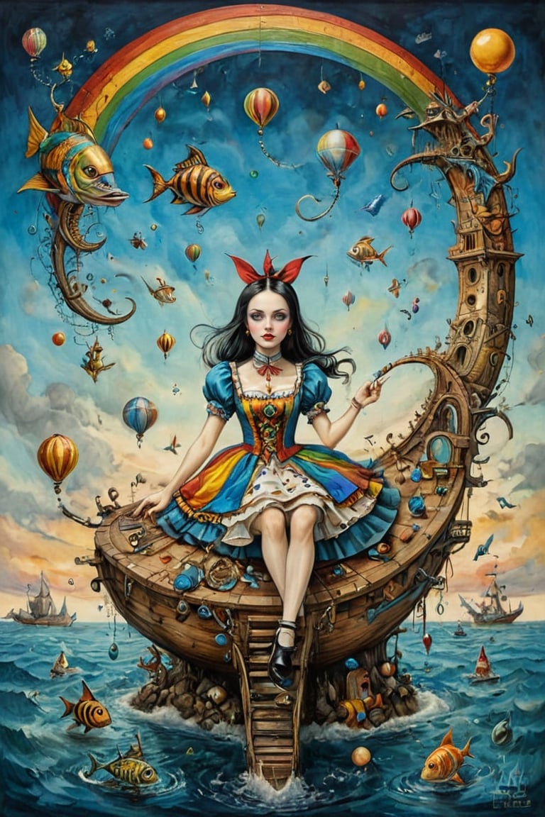Alice Pop surrealist, circus themed painting inspired by Michael Cheval, Jacek Yerka and Gabriel Pacheco showing a rainbow colored harlequin standing on a crescent moon meditating over the sea and looking at flying fishes. Ink painting. Golden line, liquid gold. Masterpiece, whimsical art, maximalistic art, hyper-detailed, muted colors,on parchment, (alice world of madness:1.2)