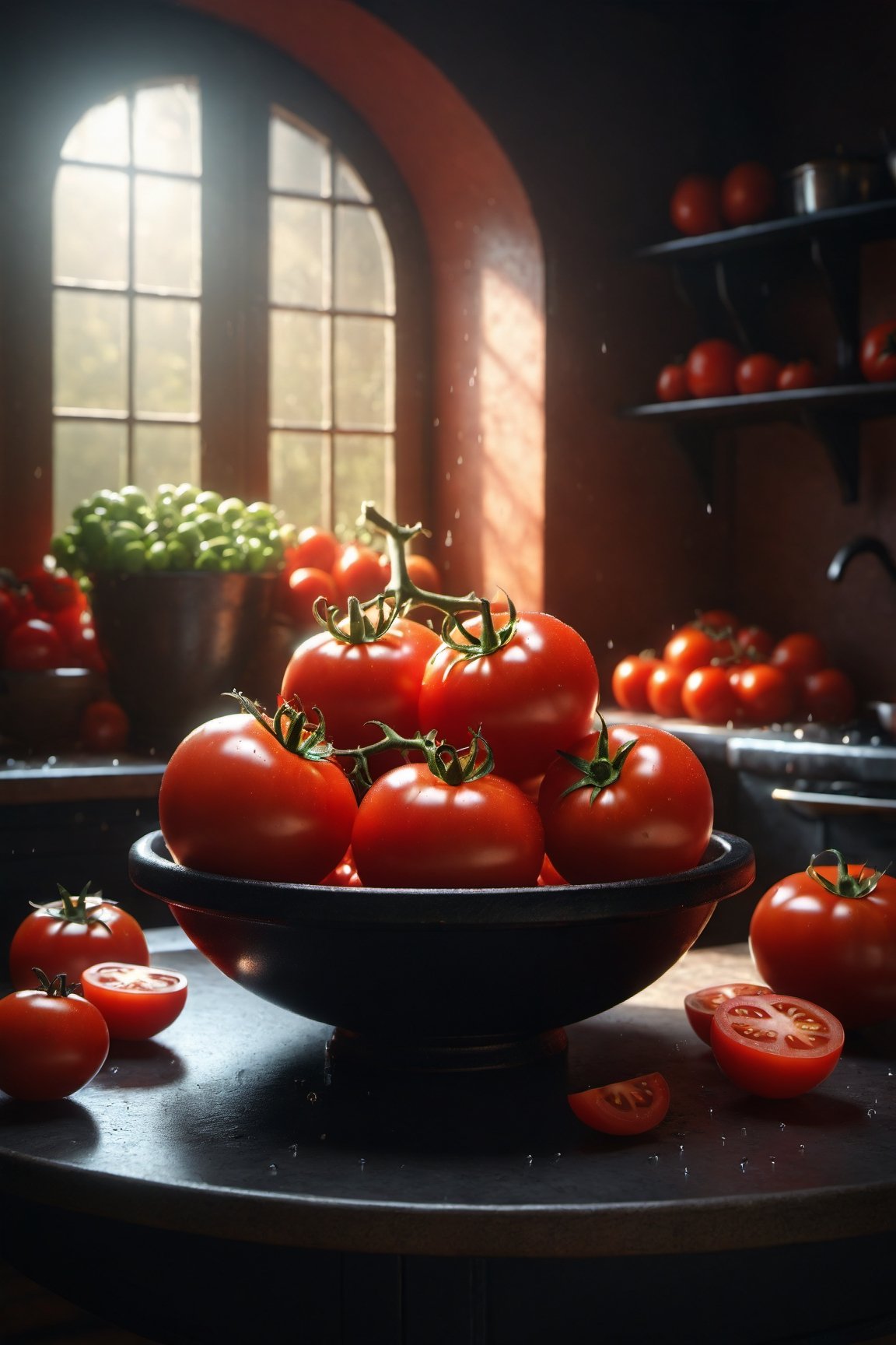 A masterpiece, (a photo of large red tomatoes inside a very small bolw:1), around more large tomatoes, tomatoes have water drops, dark kitchen table, (small black bowl:0.5) on a cozy kitchen on a sunny day, perfect lighting, background beautifull tradicional kitchen, with dynamic pose, ultra realistic, 8k, HD, photography, lighting with shadows, black background, dark cinematic lighting, beautiful style, beautiful colors, (golden hour lighting:1),(big tomatoes:1),booth