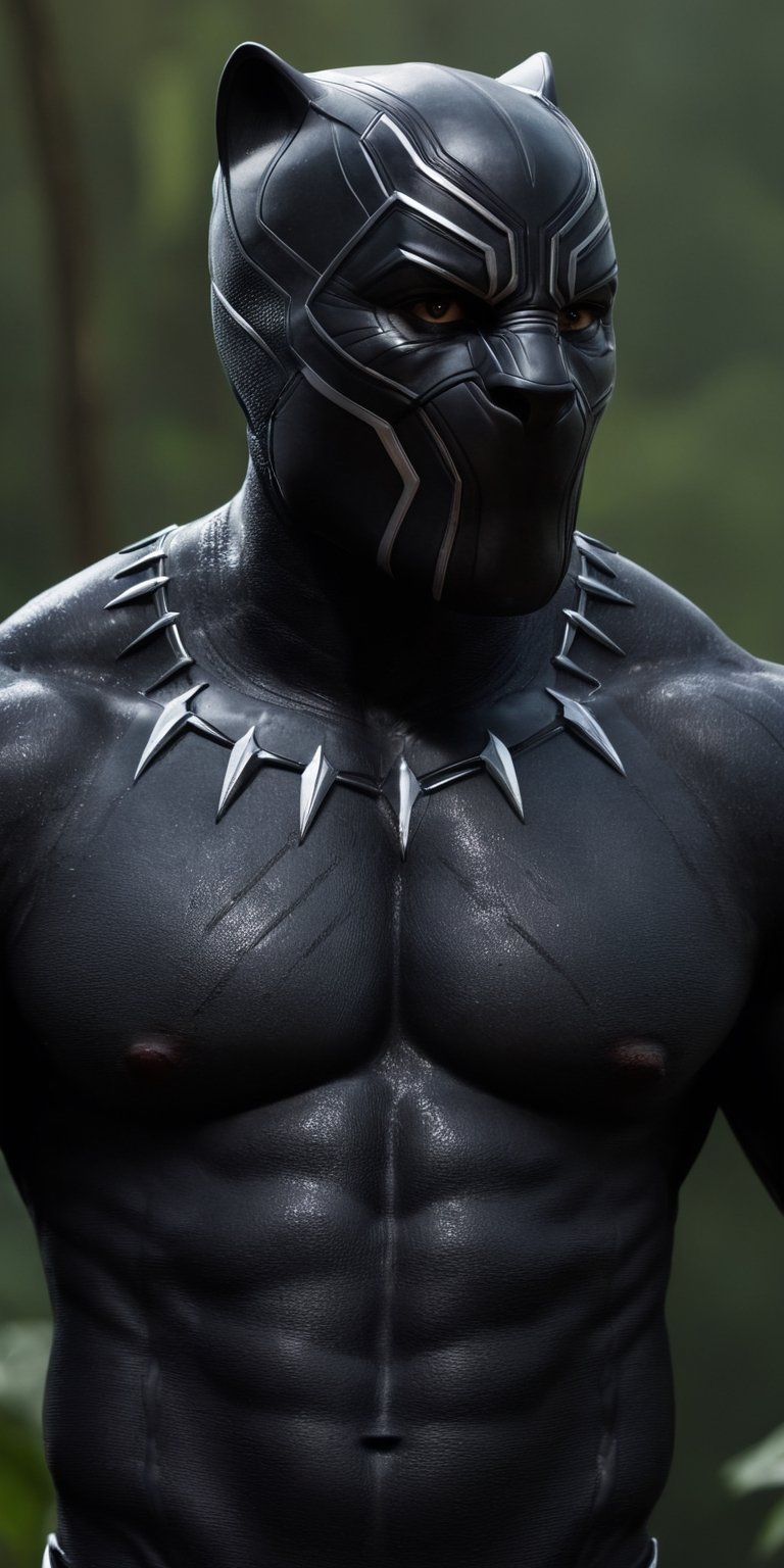 A masterpiece, a photo of the black panther of Marvel, full body with muscles, Jungleland background, sweaty face, defiant look, with dynamic pose, ultra realistic, 8k, HD, photography, lighting with shadows, black background, dark cinematic lighting, beautiful style, beautiful colors.